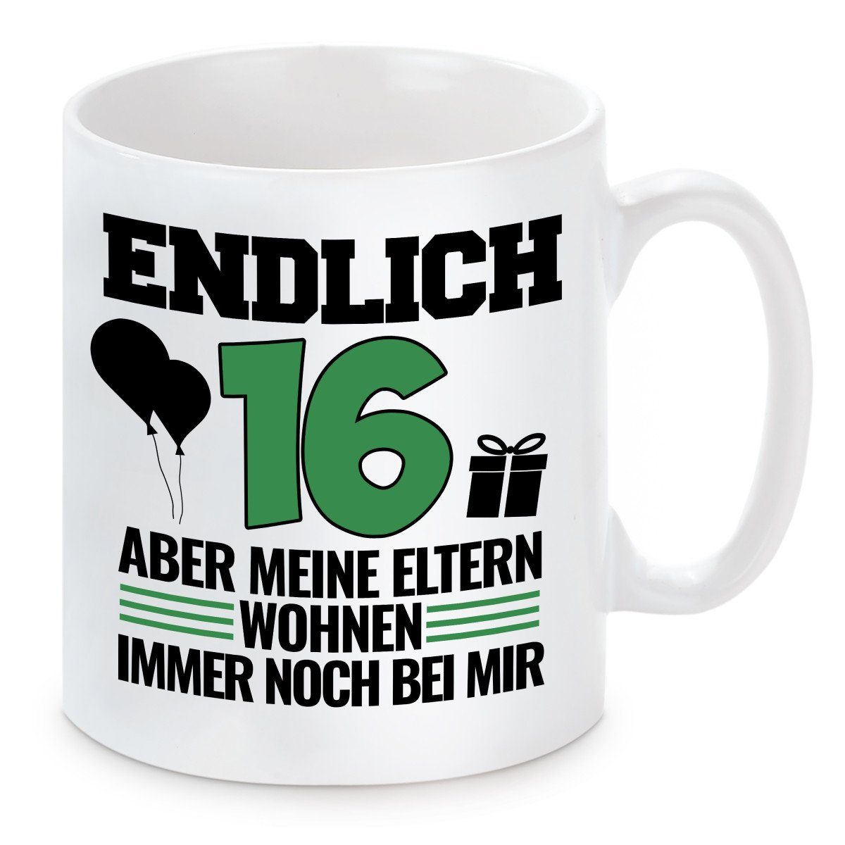 Herzbotschaft Tasse Kaffeebecher mit Motiv Endlich 16, Keramik, Kaffeetasse spülmaschinenfest und mikrowellengeeignet