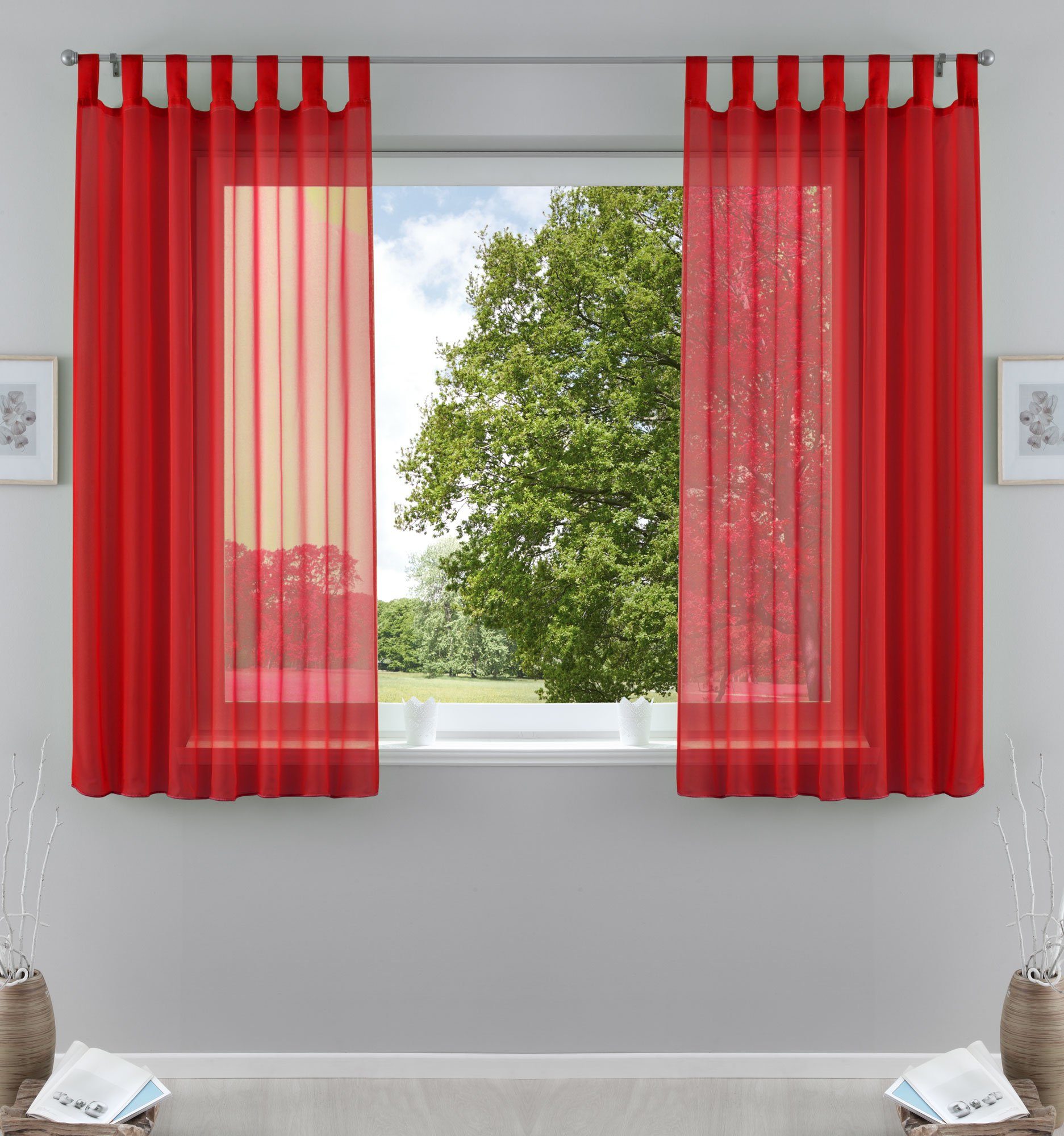 Versandkosten Gardine, Gardinenbox, Schlaufe (2 St), Bleibandabschluss transparent, Vorhang verschiedene Rot Transparent Set Höhen 61000CN Voile