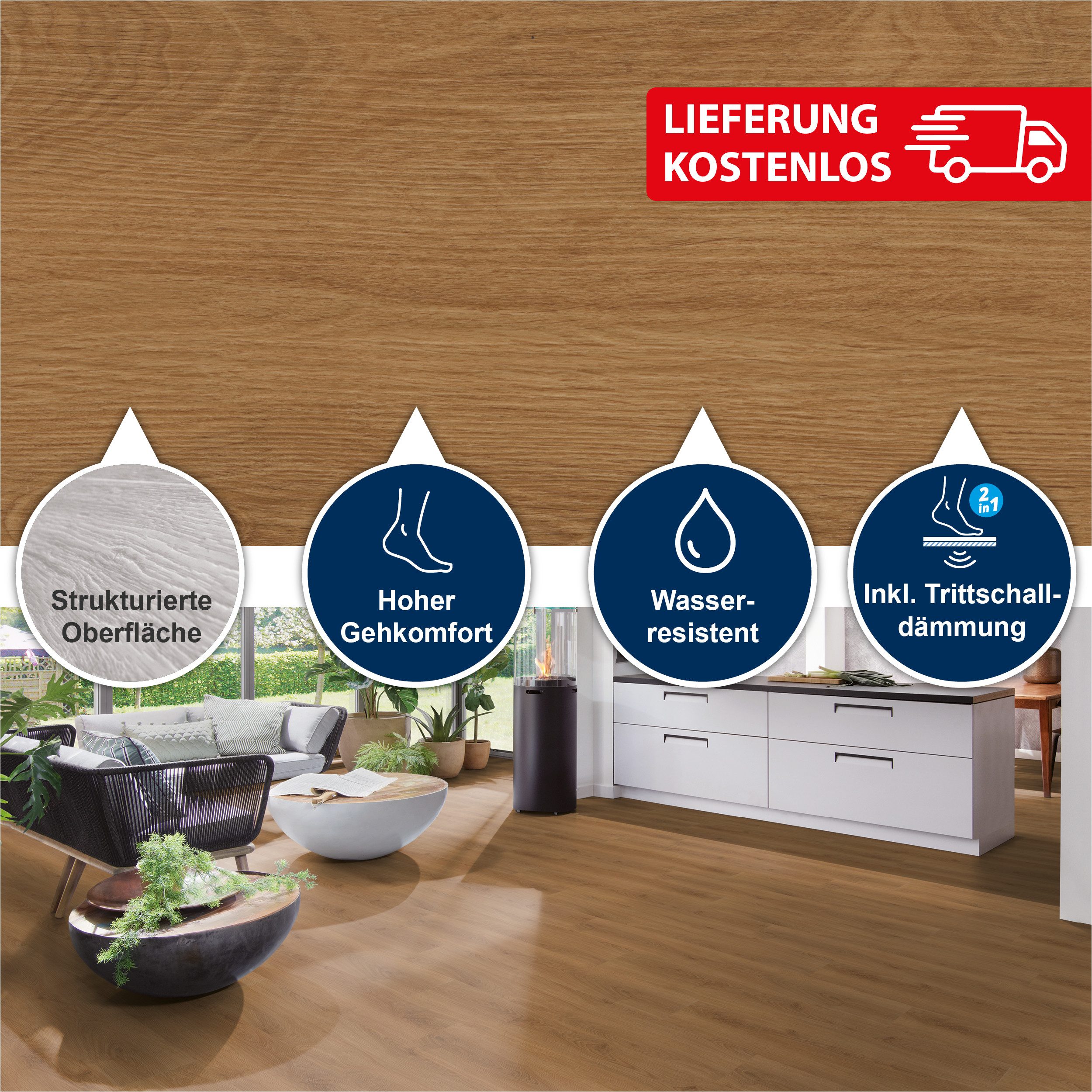 Strong SPC Designboden 1524 x 228 x 6,5 mm Premium Klick-Vinylboden inkl. Trittschalldämmung, Packung mit 1,737 qm, Versandkostenfreie Lieferung, Inkl. Trittschalldämmung, Wasserfest und mit Klicksystem