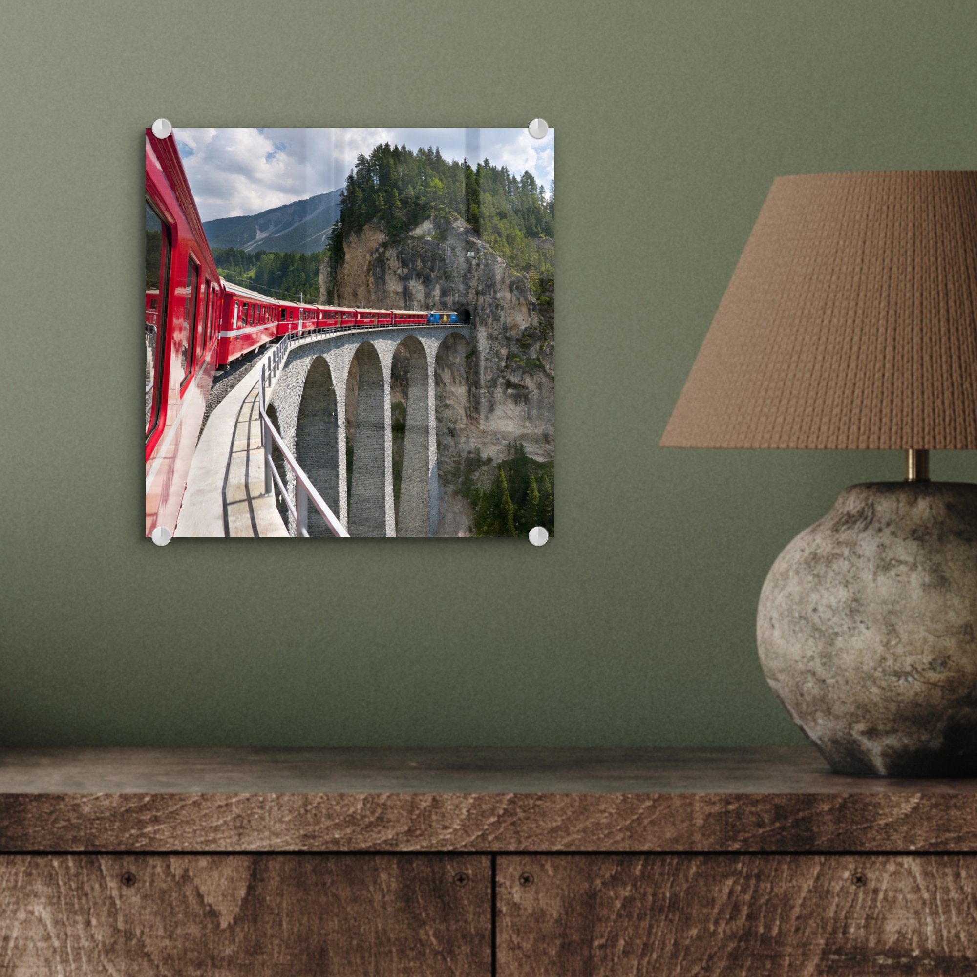 Bilder - - über Wandbild (1 Glas auf eine MuchoWow Eisenbahnbrücke, Ein Acrylglasbild Glasbilder Glas Zug - St), Wanddekoration auf Foto roter