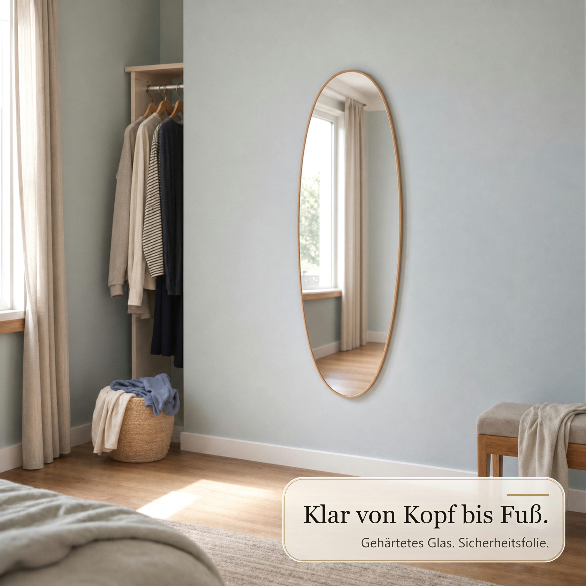 Karat Ganzkörperspiegel Nina Organischer Spiegel mit Aluminiumrahmen Holzoptik 60 x 150 cm, Gehärtetes Spiegelglas, rückseitige Sicherheitsfolie – Bild 5 von 5