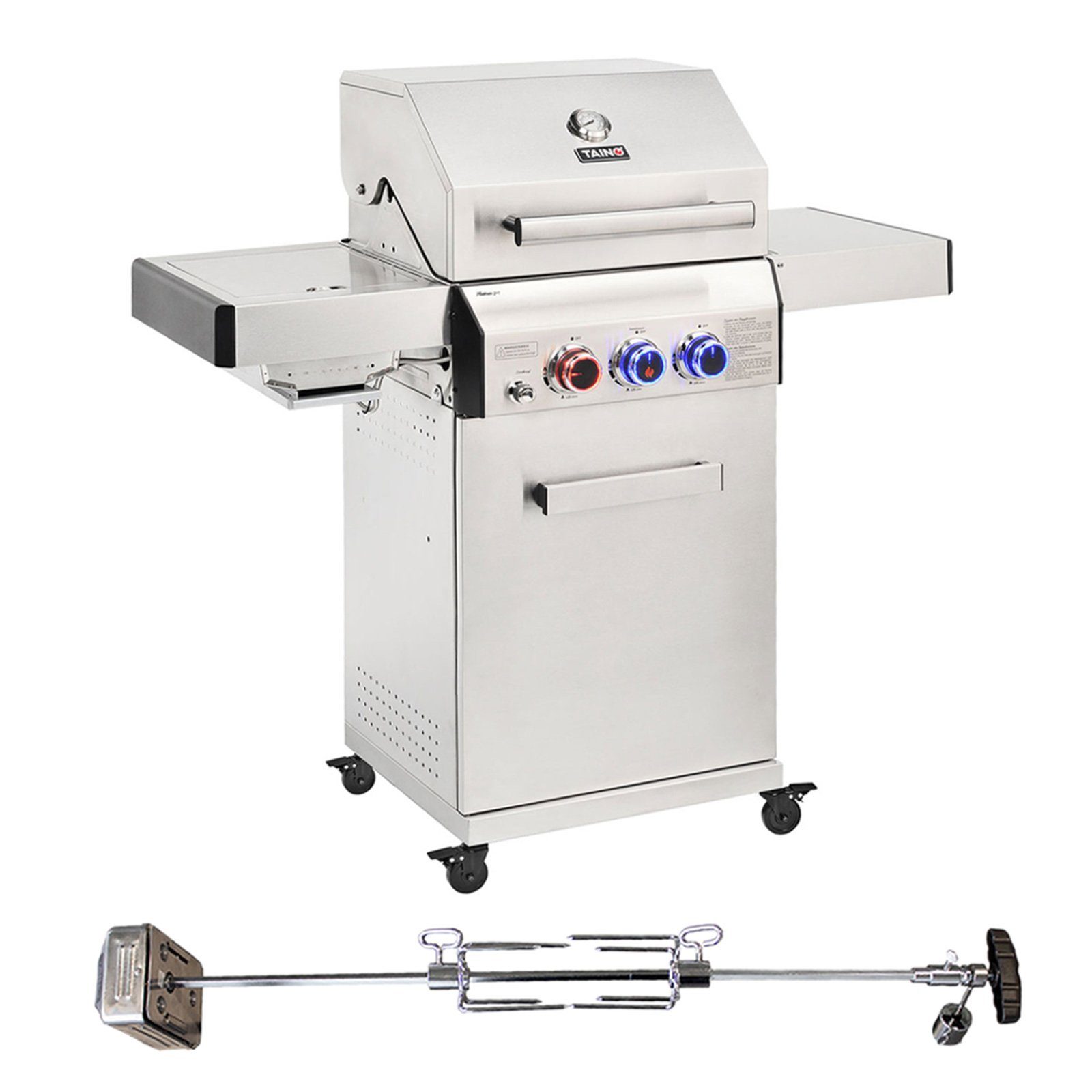 TAINO Grillspieß (PLATINUM 2+1 inkl. Drehspieß), komplett aus Edelstahl, Seitentisch klappbar