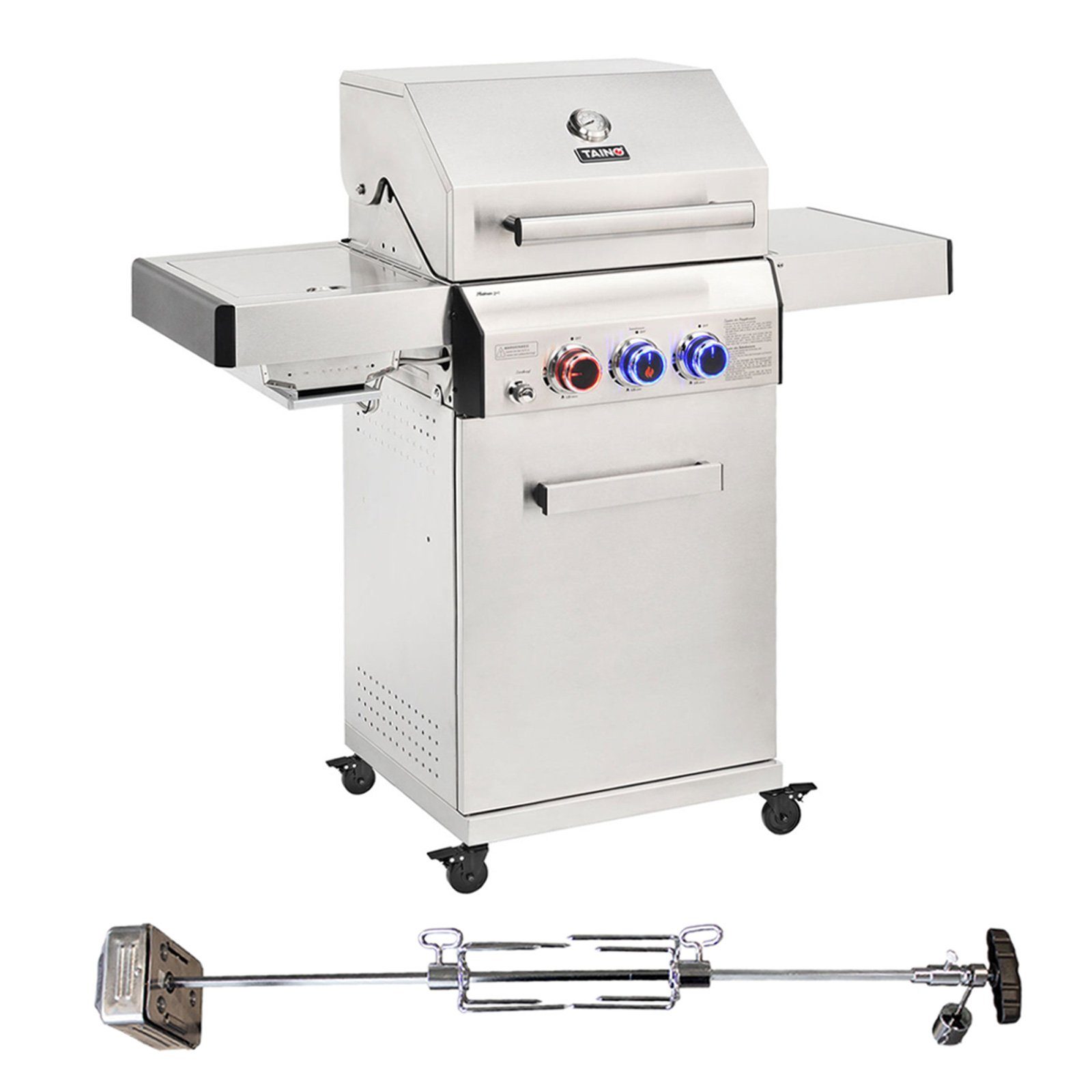 TAINO Gasgrill PLATINUM + Drehspieß, PLATINUM 2+1 inkl. Drehspieß, komplett aus Edelstahl, Seitentisch klappbar