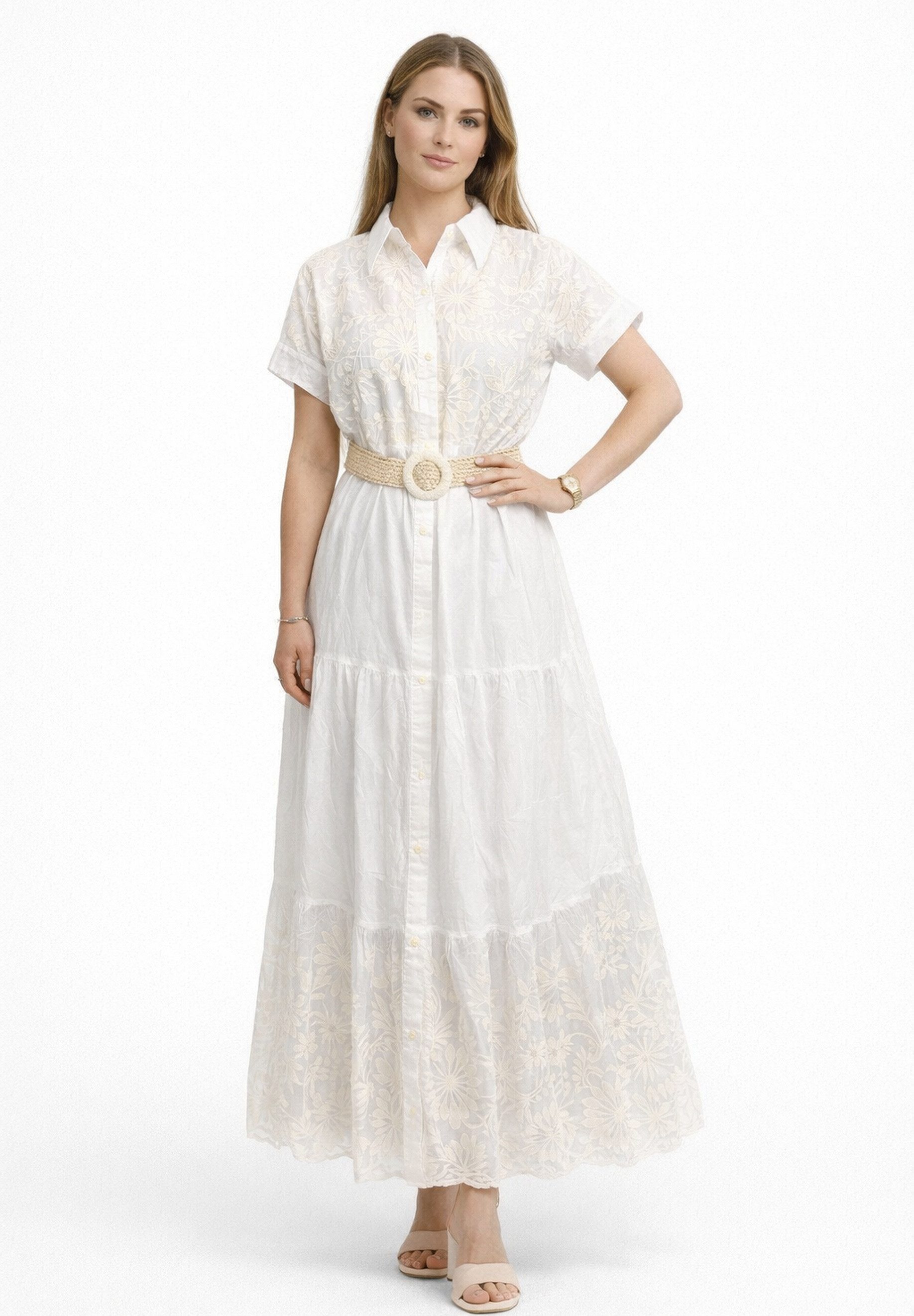 Elara Maxikleid – Damen Hemdblusenkleid Maxi mit Stickerei, Gürtel und Stufenrock