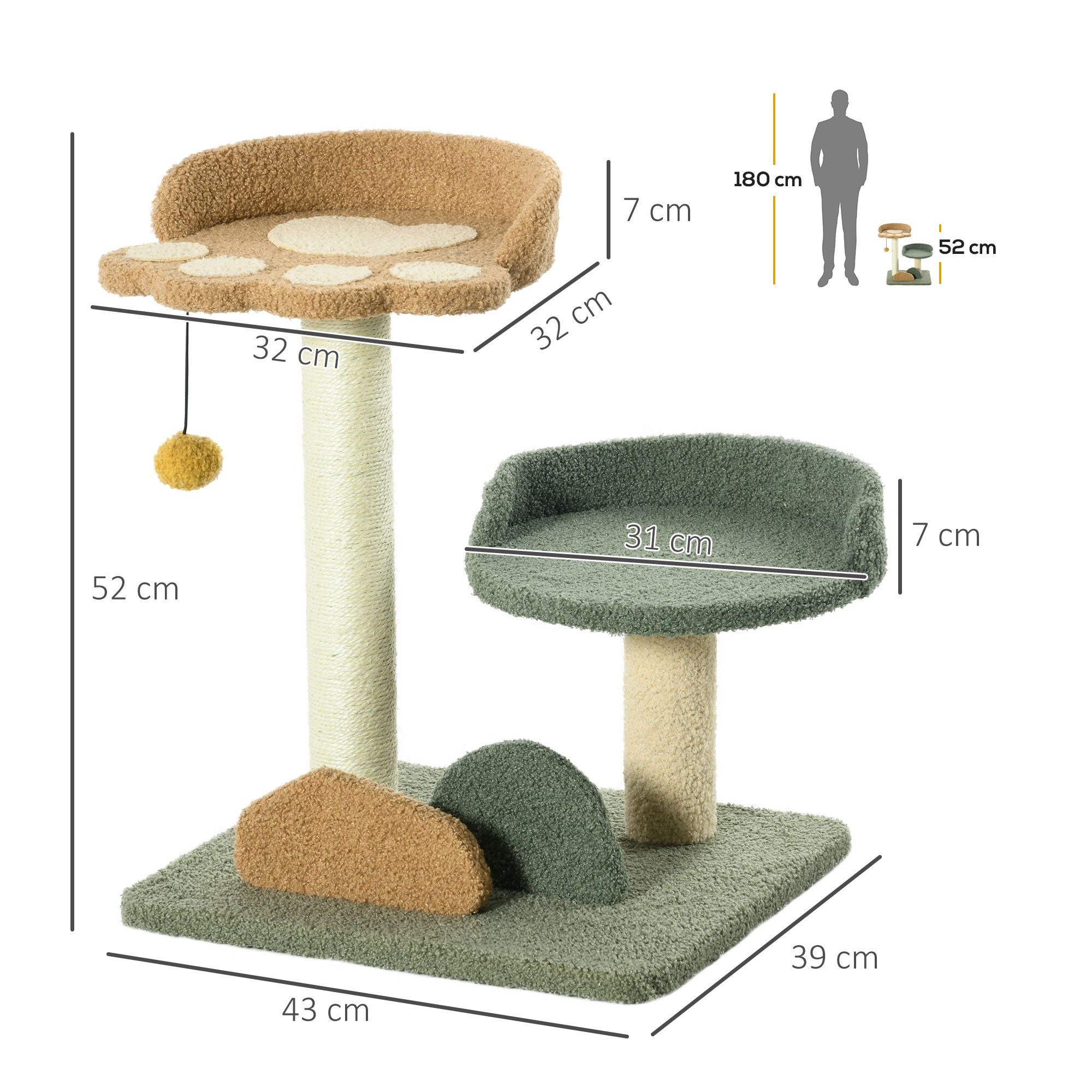 PawHut Kratzbaum Katzenkratzbaum mit 2 Ebenen, Katzenbaum mit Spielbal, Sisal, Sisal, 43 x 39 x 52 cm