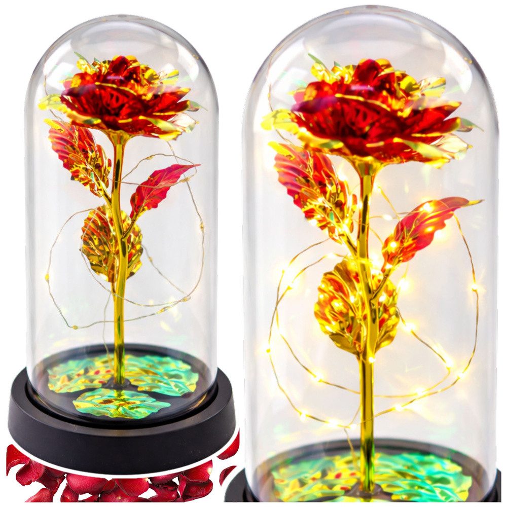 LEAN TOYS LED Dekolicht Rosenleuchte Stimmungslicht Geschenkidee, LED-Beleuchtung, LED, warmweiß, 20 warmweiße LEDs, Glaskuppel, Geschenkbox
