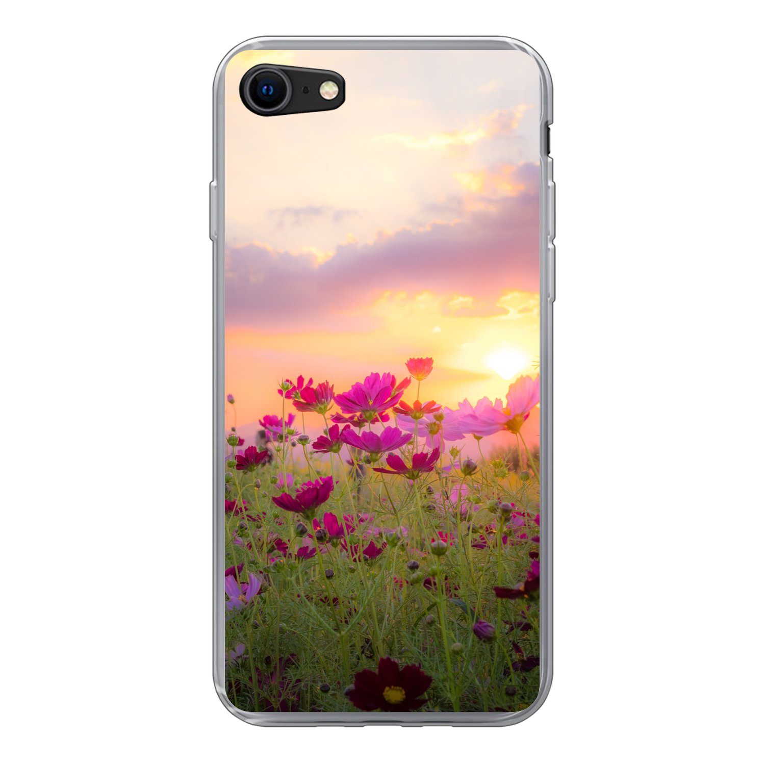 MuchoWow Handyhülle für Apple iPhone 8 Sonnenuntergang - Blumen - Rosa - Natur - Grün, Smartphone-Bumper, Print, Handy Schutzhülle Dünn