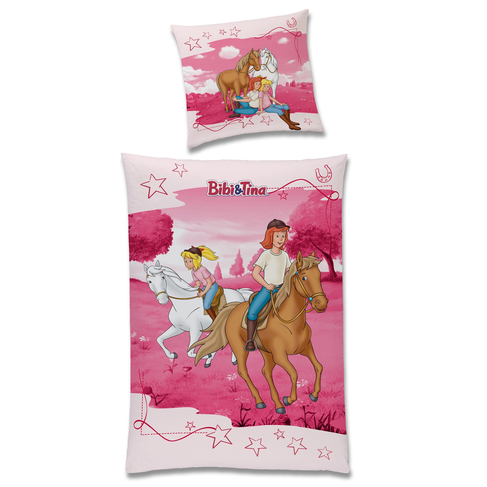 BERONAGE Kinderbettwäsche Bibi und Tina Abenteuer Bettwäsche Linon / Renforcé, 100% Baumwolle, 2 teilig, 135x200 + 80x80 cm