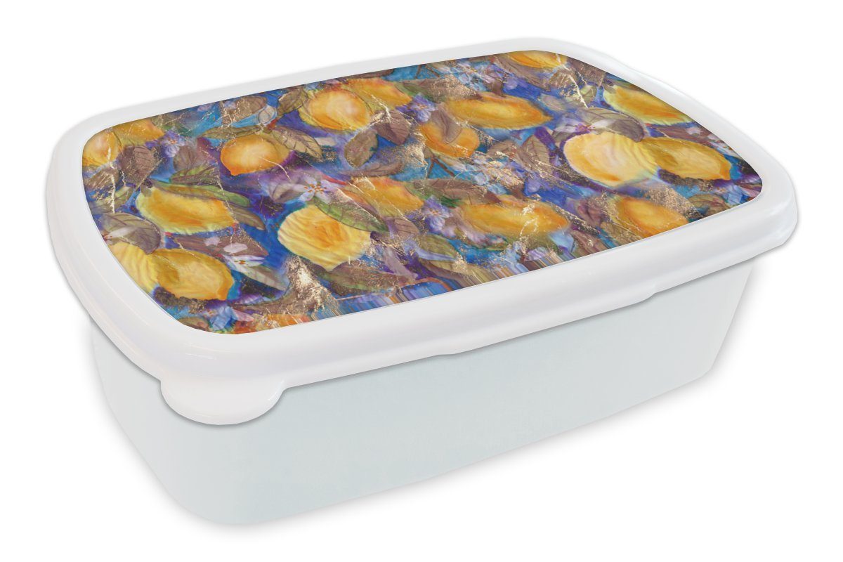 MuchoWow Lunchbox Zitrone - Vintage - Dschungel - Muster, Kunststoff, (2-tlg), Brotbox für Kinder und Erwachsene, Brotdose, für Jungs und Mädchen weiß