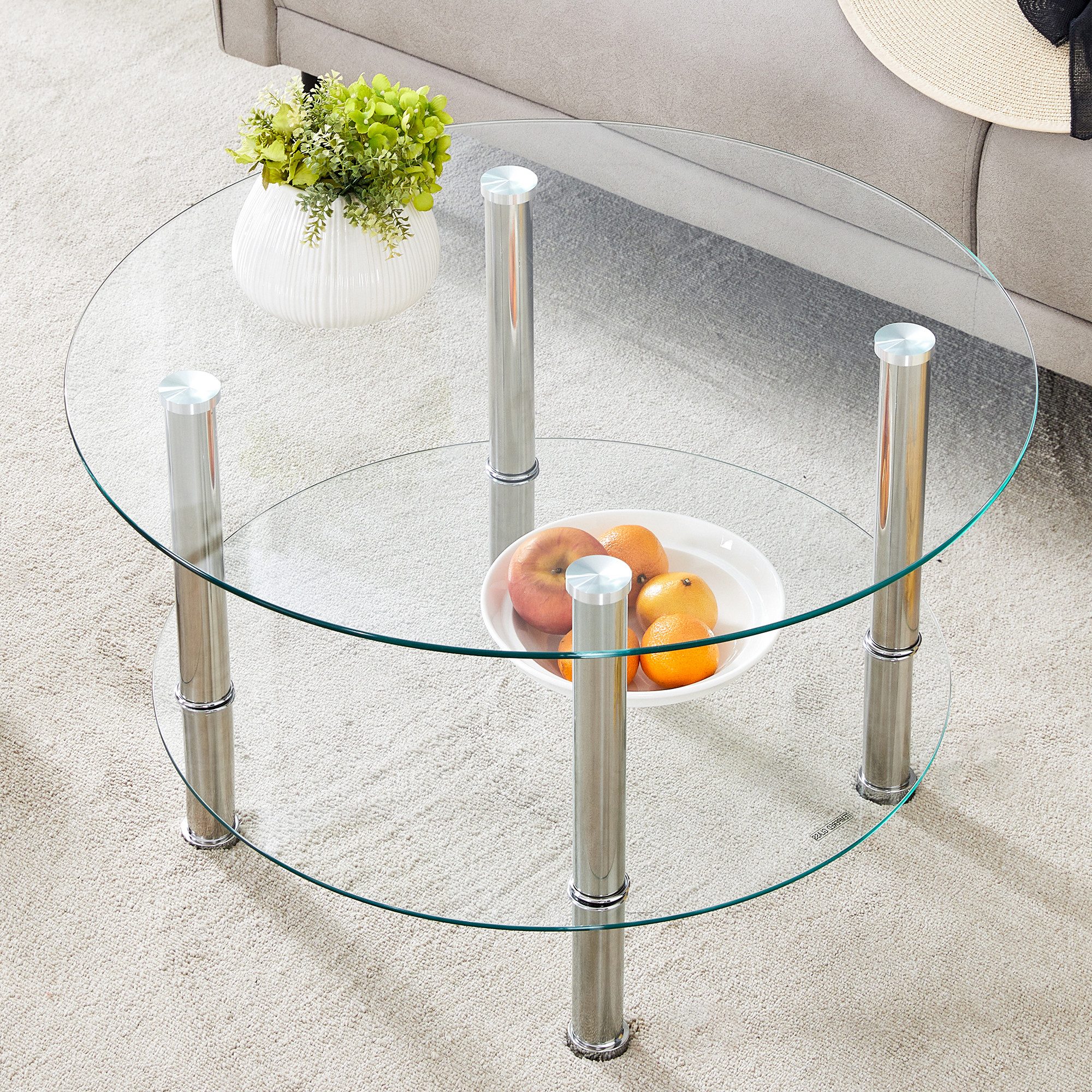 Couchtisch Glas Metall zweistufig Kaffeetisch,Wohnzimmertisch Transparente Platte