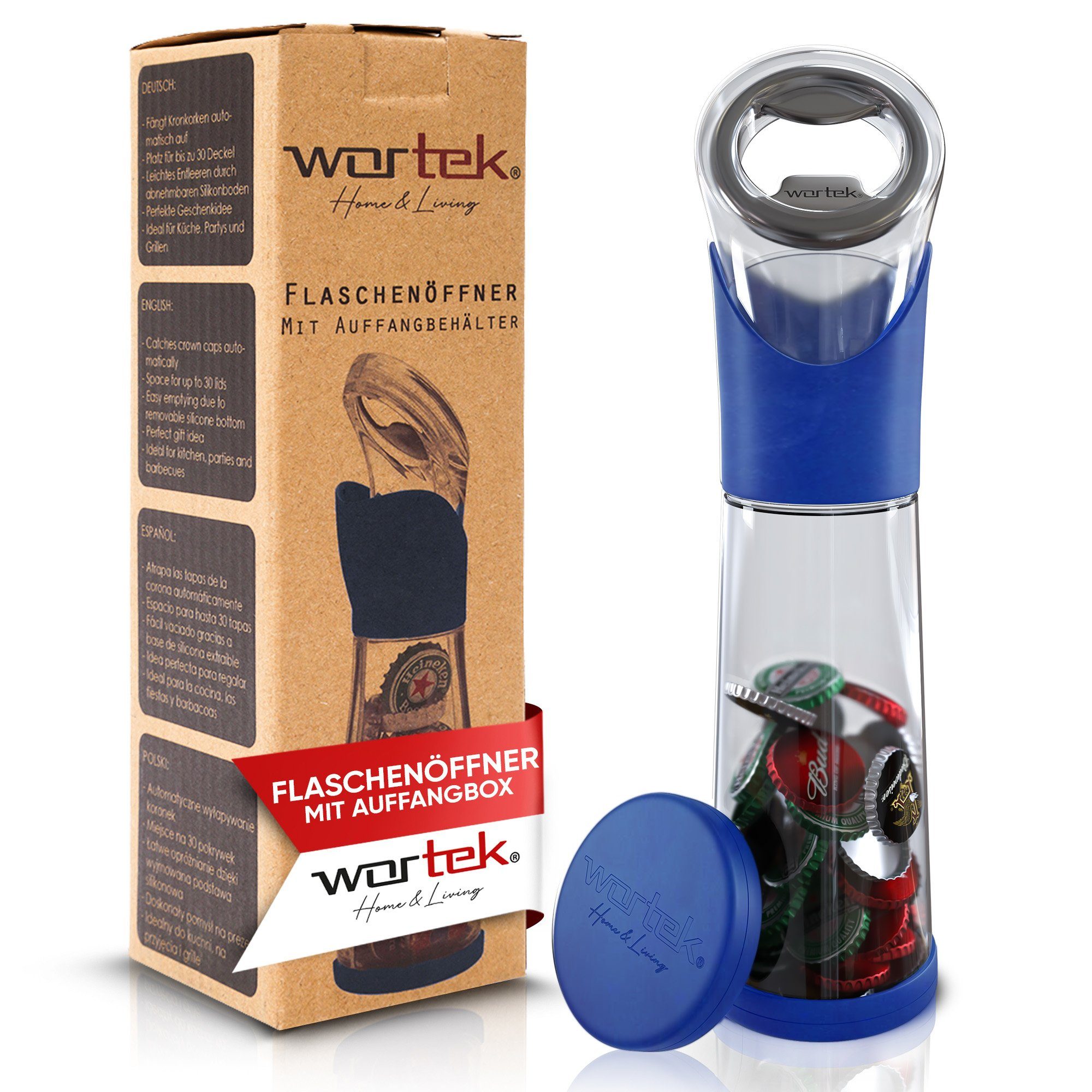 wortek Flaschenöffner Getränkeöffner mit Auffangbehälter Bieröffner (Set, 2-tlg), Geschenk für Männer und Bierliebhaber Biergeschenk