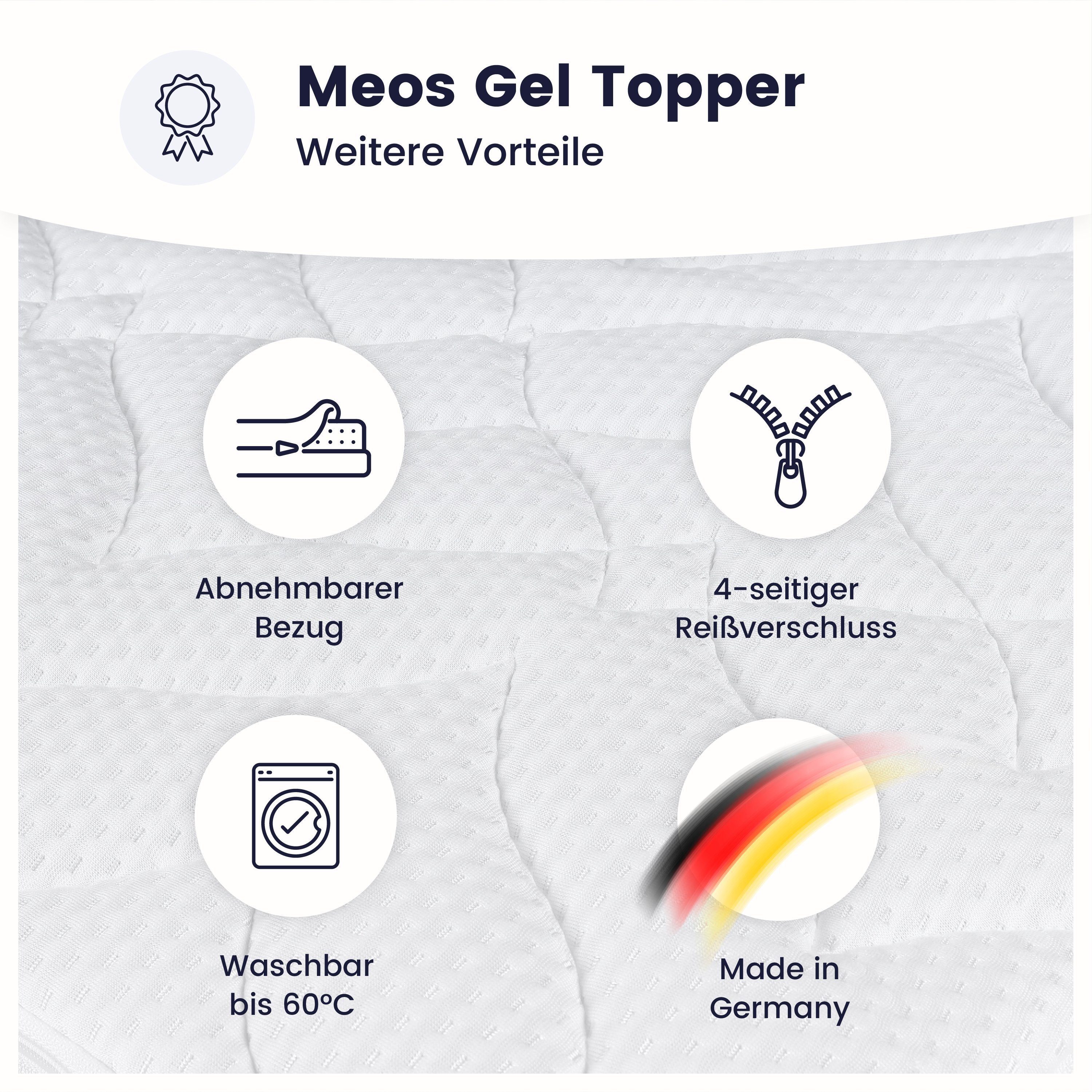 Meos, Topper Luxus Gel-Schaum Topper für Matratzen und Boxspringbetten, 8 cm hoch, Gelschaum, 90x200 cm, Made in Germany, Reißverschluss, Atmungsaktives Klimaband