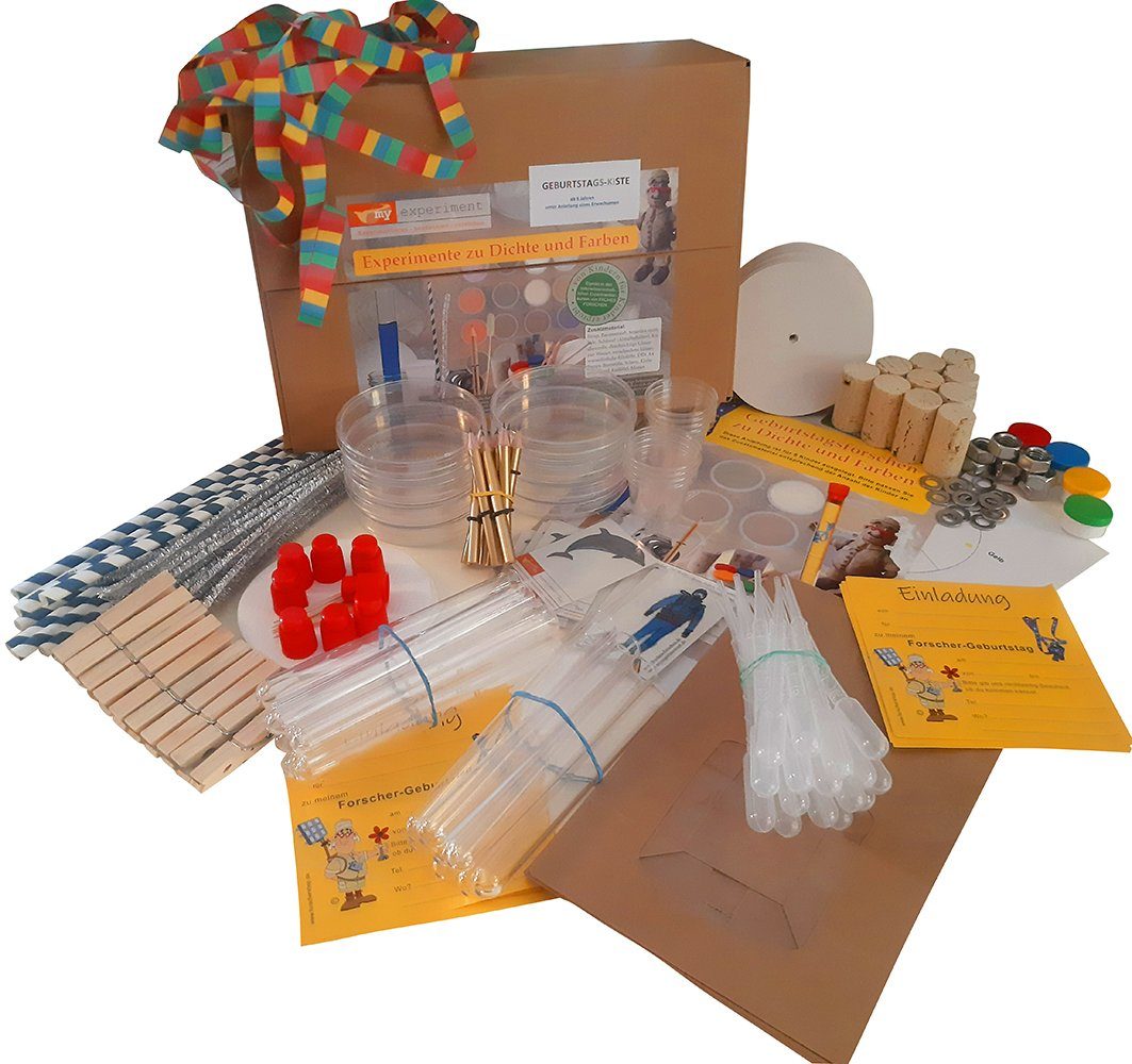 myExperimentSet Experimentierkasten "Farbspektakel & schwimmen-schweben-sinken", (Forscher-Kindergeburtstags-Kiste, Forschermaterial für 8 Kinder-tlg., Всеs für die Forscher-Party), MINT-Förderung