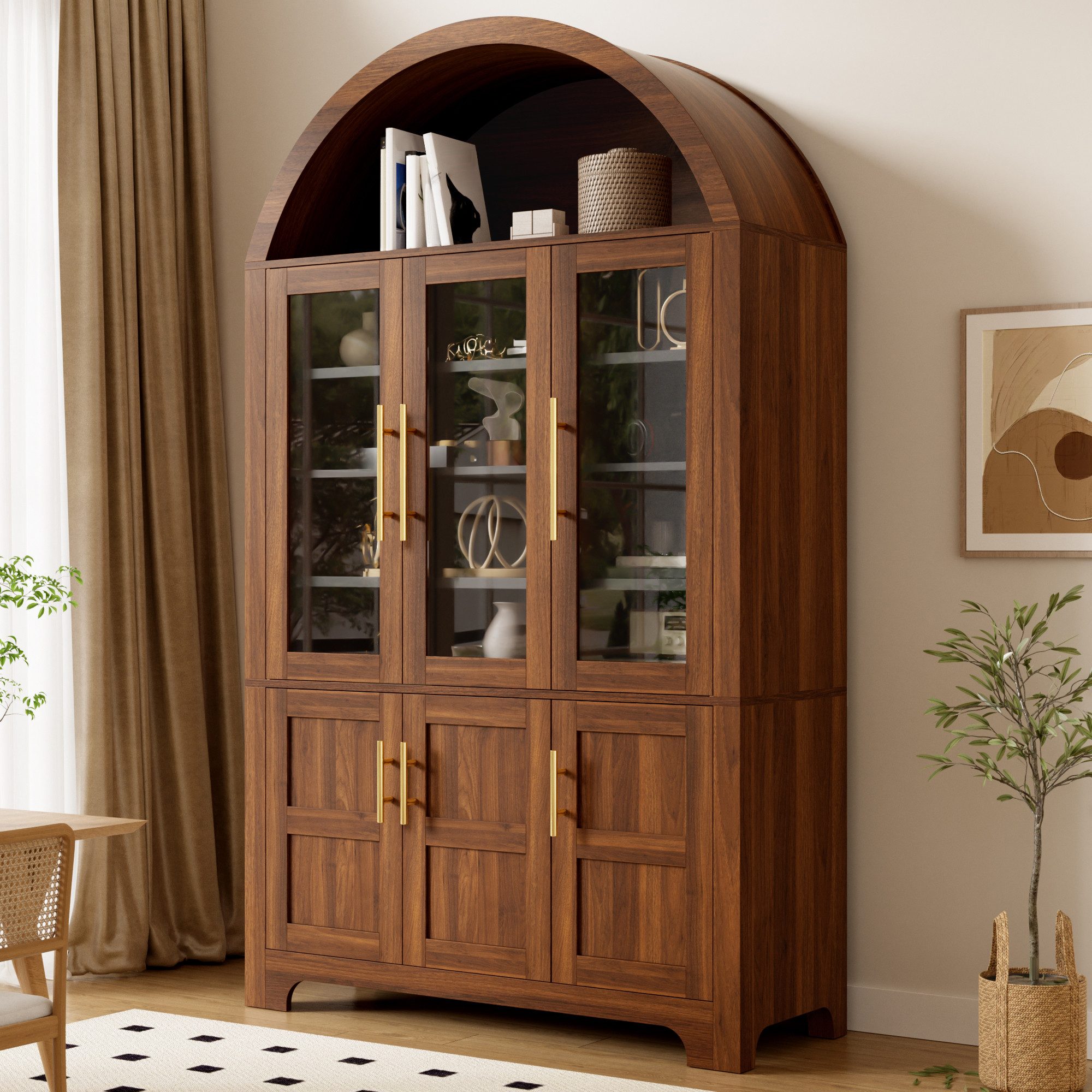 Merax Hochschrank mit 3 Glastüren, 3 geschlossenen Fächern & verstellbaren Einlegeböden (110 L x 40 B x 185 H cm, 1-St) Vitrinenschrank mit Bogen-Nische, Mehrzweckschrank, Wohnzimmerschrank