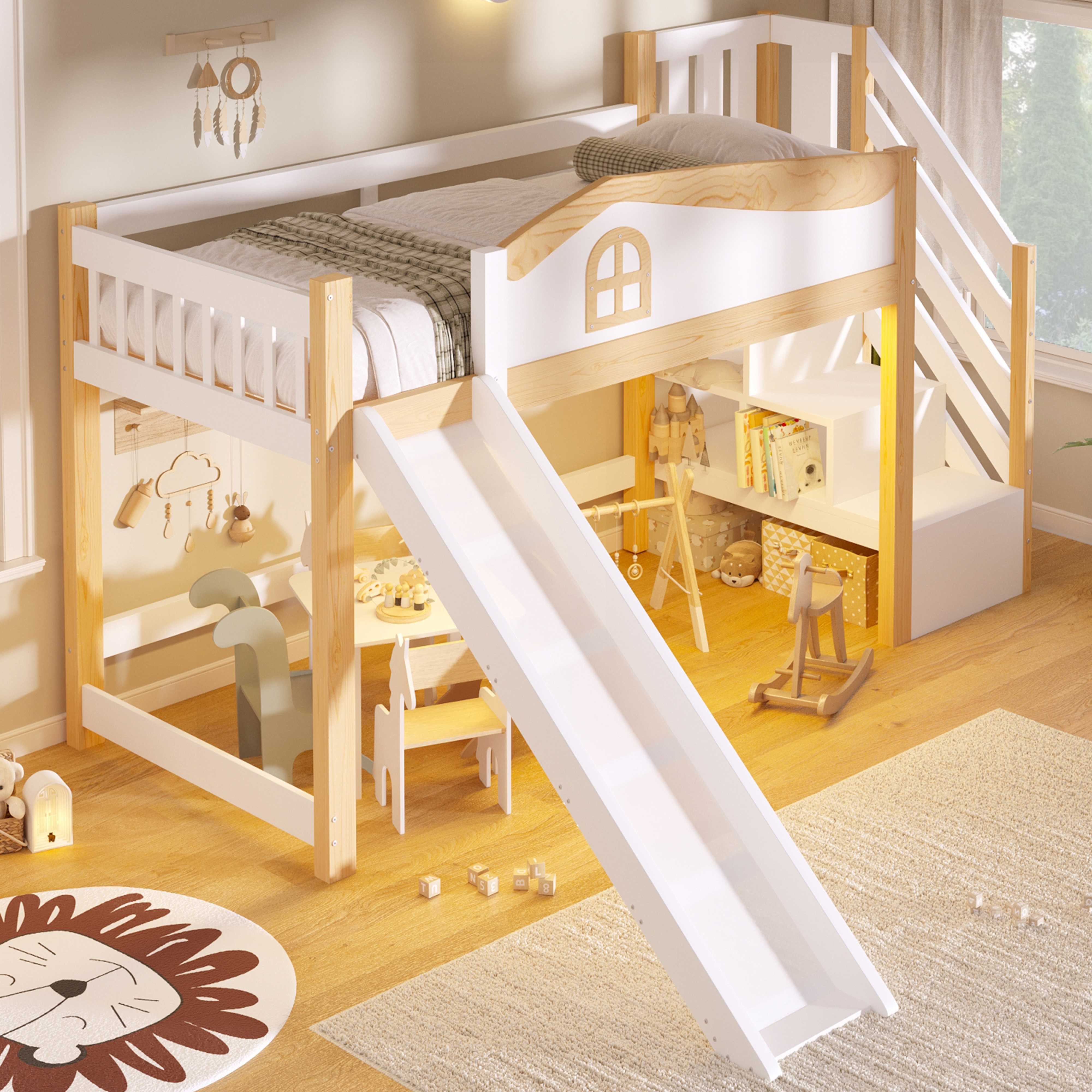 BlingBin Hochbett Halbhochbett Kinderhochbett Spielbett 90x200 cm (inklusive Rutsche, Stauraumtreppe, Schutzgeländer und LED-Lichtleiste) farblich einstellbarer LED-Lichtleiste,ohne Matratze