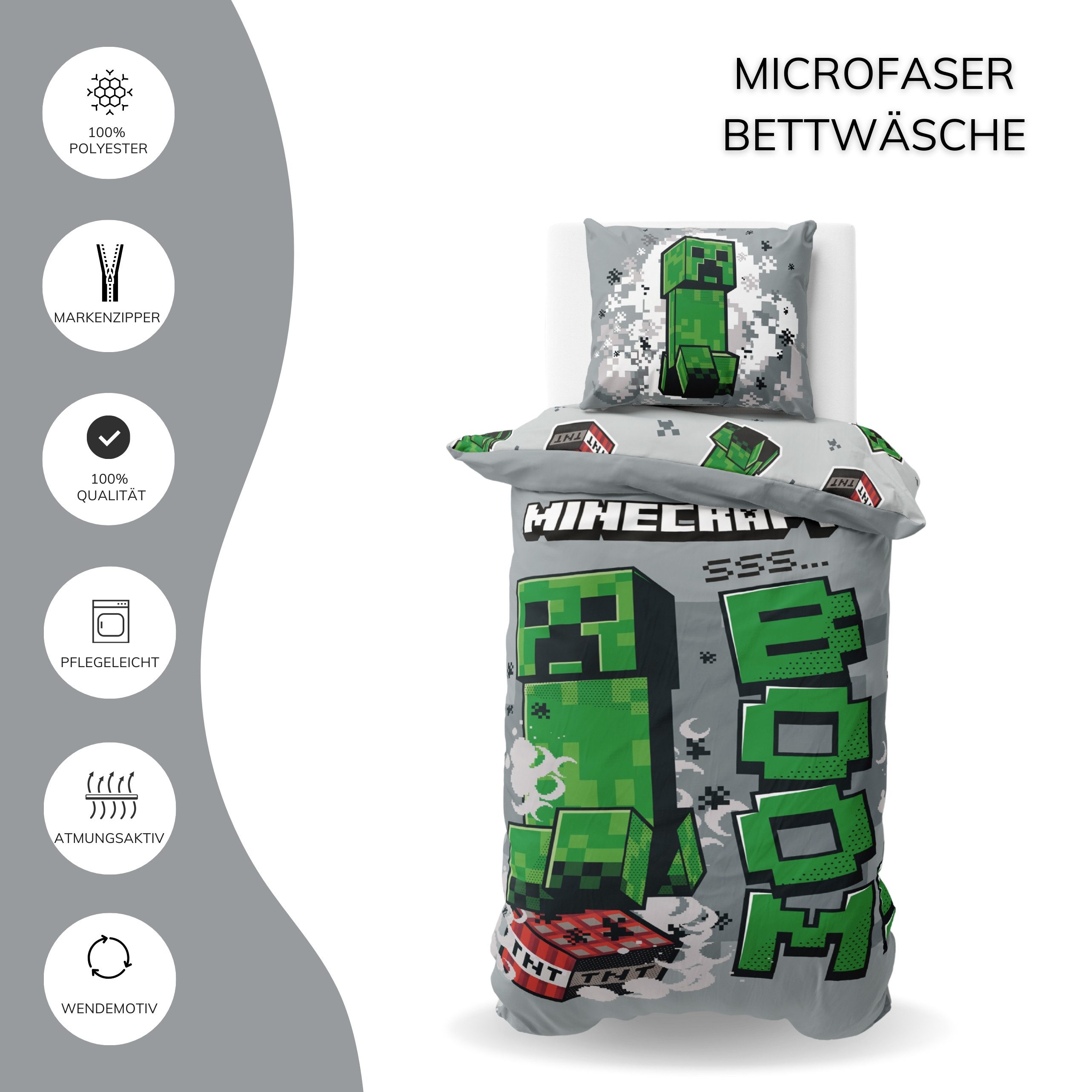 MTOnlinehandel Kinderbettwäsche Minecraft "Boom" weiche Microfaser, 135x200 cm + 80x80 cm, Microfaser, 2 teilig, Wendebettwäsche für Mädchen und Jungen, Gaming – Bild 4 von 5