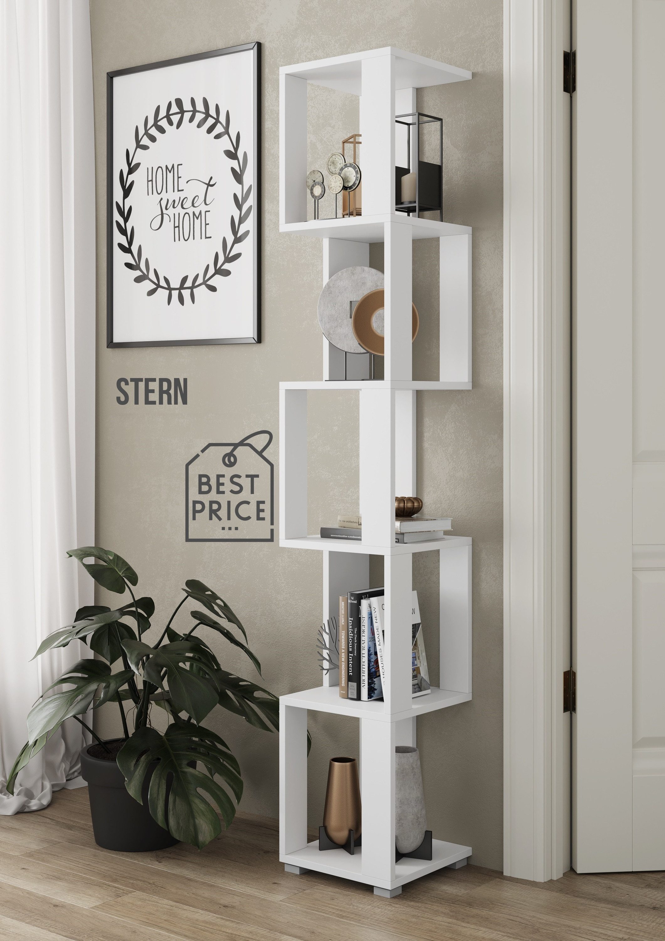 Raumhirsch Furniture Standregal Regal, Standregal, Aufbewahrungsregal, Wohnzimmerregal, Maße: 29 x 168 x 29 cm (5 offene Fächer, stabile Verarbeitung), offene Konstruktion, modernes Design, einfache Montage