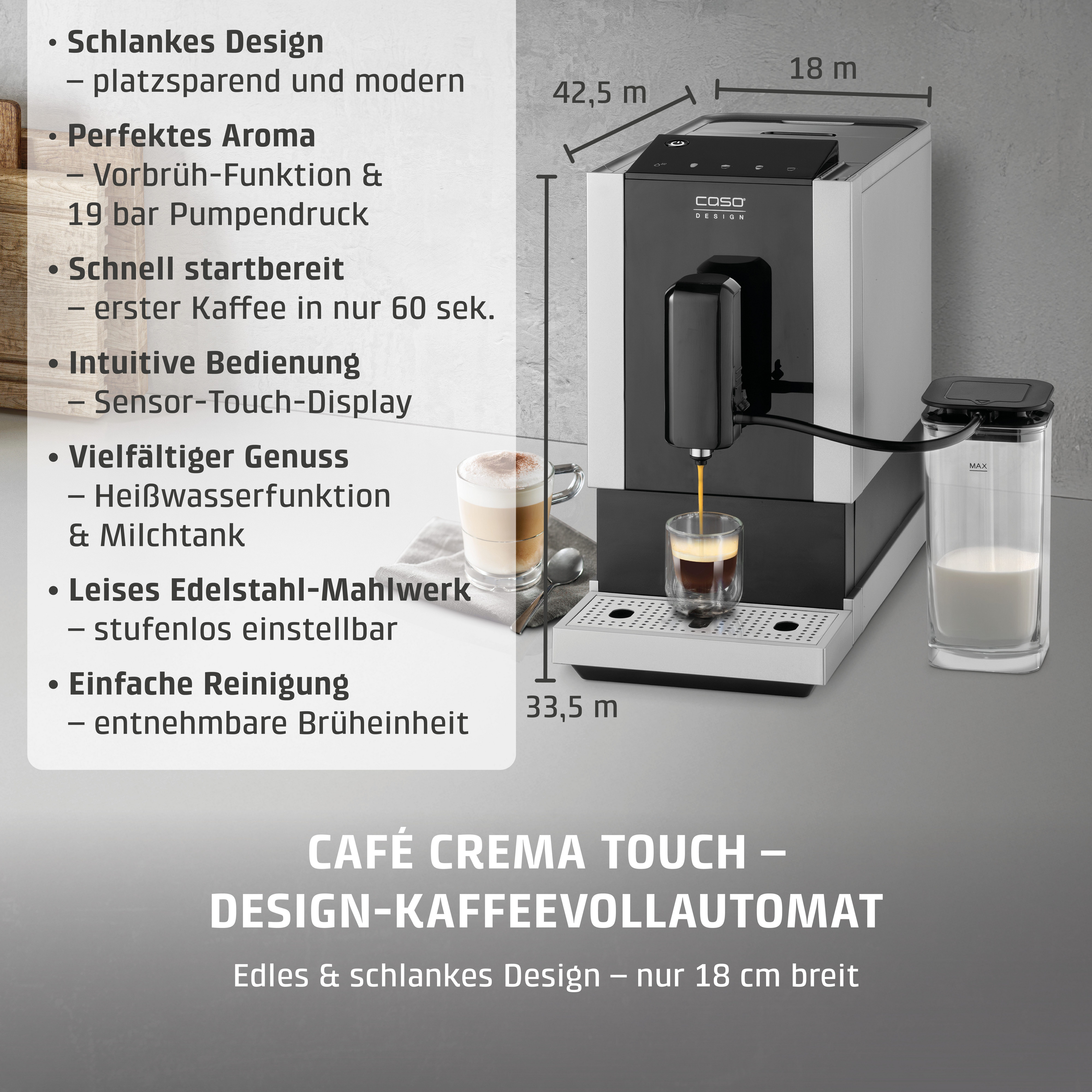 Caso Kaffeevollautomat Café Crema Touch, Herausnehmbare Brüheinheit, einfache Bedienung