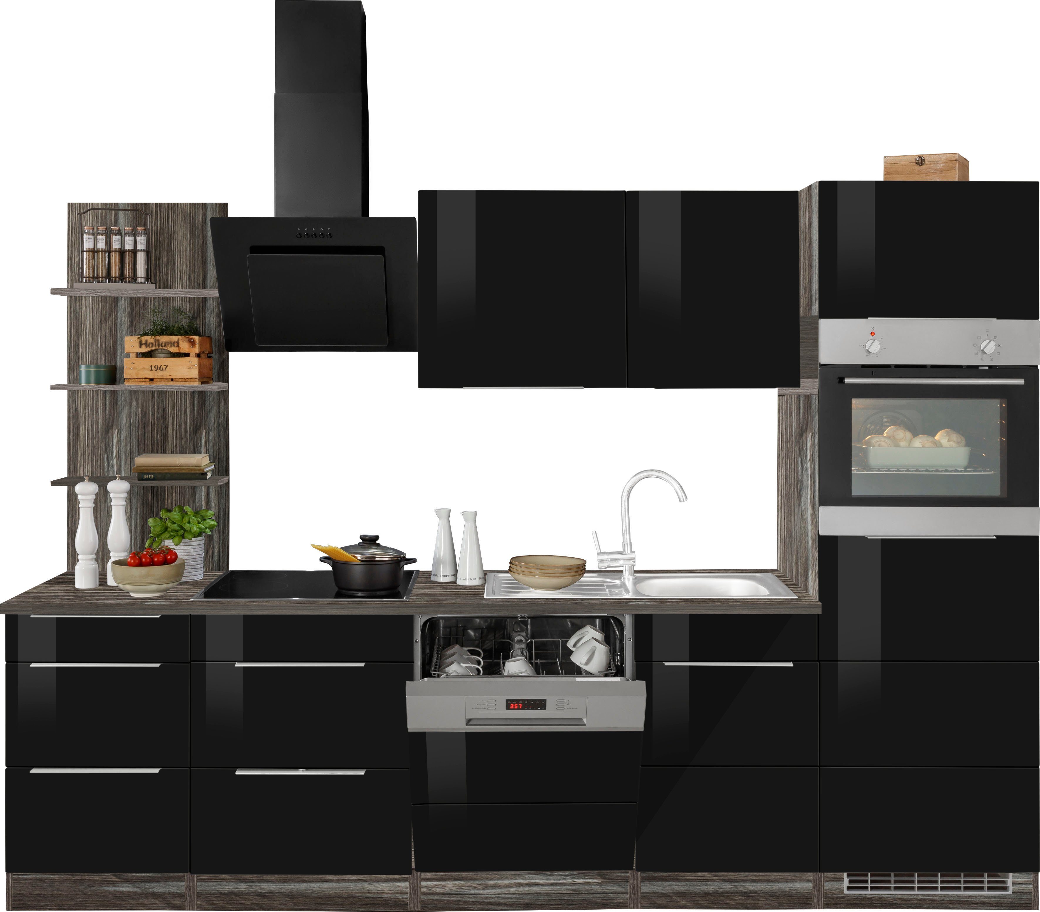 KOCHSTATION Küchenzeile KS-Brindisi Breite 280 cm, wahlweise mit E-Geräten und Induktion, mit MDF-Fronten und Regal