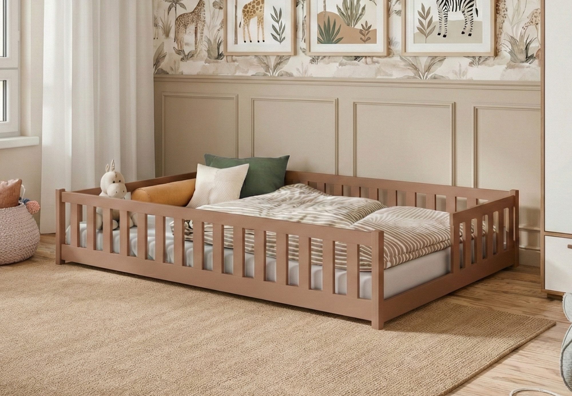 Kids Collective Kinderbett Bodenbett mit Rausfallschutz & Lattenrost Montessori Betten Kinder (Verfügbare Größen: 80 x 160, 80 x 180, 90 x 190, 90 x 200, 120 x 200, 140 x 200 cm), Jugendbett Einzelbett Kiefer Zimt 120x200 cm