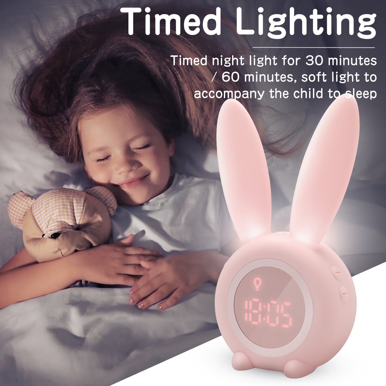 EXTSUD LED Nachtlicht Kinder Lichtwecker Cute Rabbit Kinderwecker, Creative Nachttischlampe Snooze-Funktion zeitgesteuertes Nachtlicht – Bild 3 von 5
