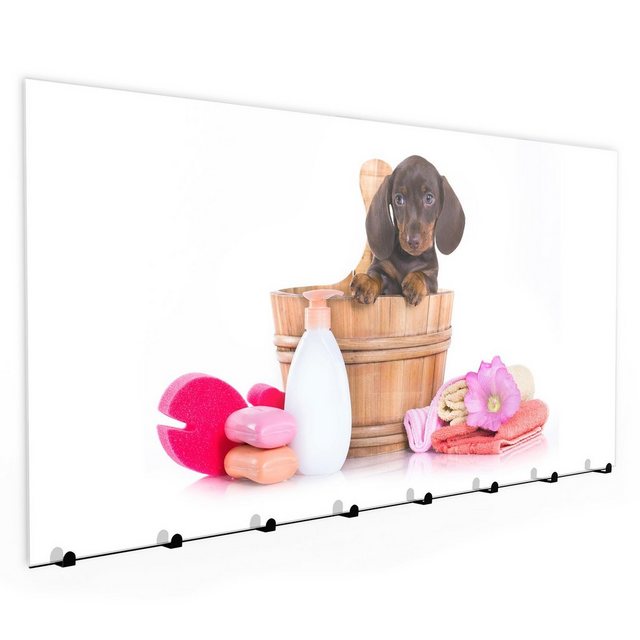Primedeco Garderobenpaneel “Garderobe, Schlüsselbrett mit Magnetwand und Memoboard aus Glas mit Motiv Hund in Badeeimer”