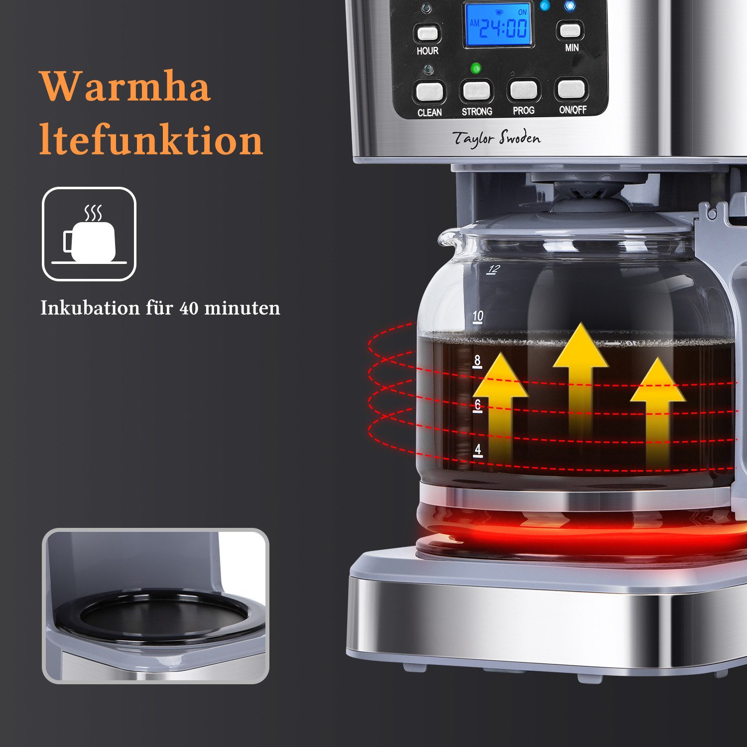 Taylor Swoden Filterkaffeemaschine 950 W, 1.5L/12 Tassen, Anti-Tropf, 24H Timer, 40 Mins Warmhaltefunktion, BPA-frei, 1.5l Kaffeekanne, Wiederverwendbarem Filter, 950W, Abschaltautomatik, BPA-frei