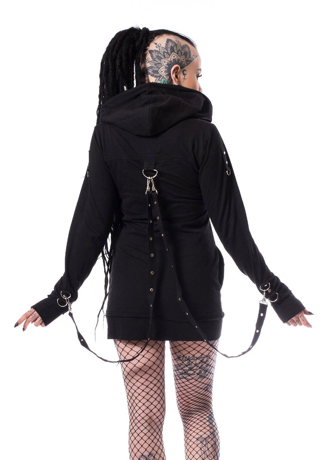 Heartless Kapuzensweatshirt Kapuzenjacke Karin Hood Gothic Riemen Punk Strapsen Skelett Kuss Print