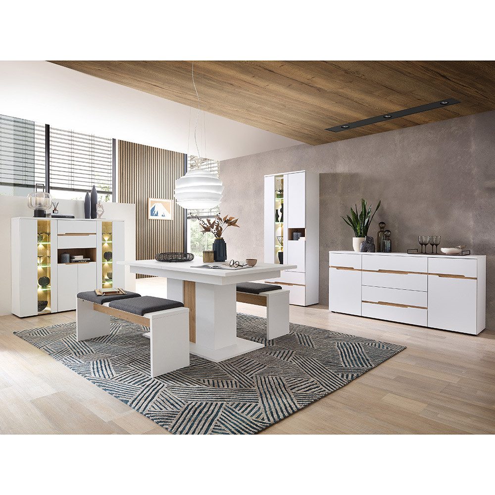 Lomadox Esszimmer-Set MANRESA-36-WHITE, (Spar-Set, 6-St., Vitrine), in weiß supermatt mit Eiche, Bänke mit Sitzkissen, inkl. Beleuchtung
