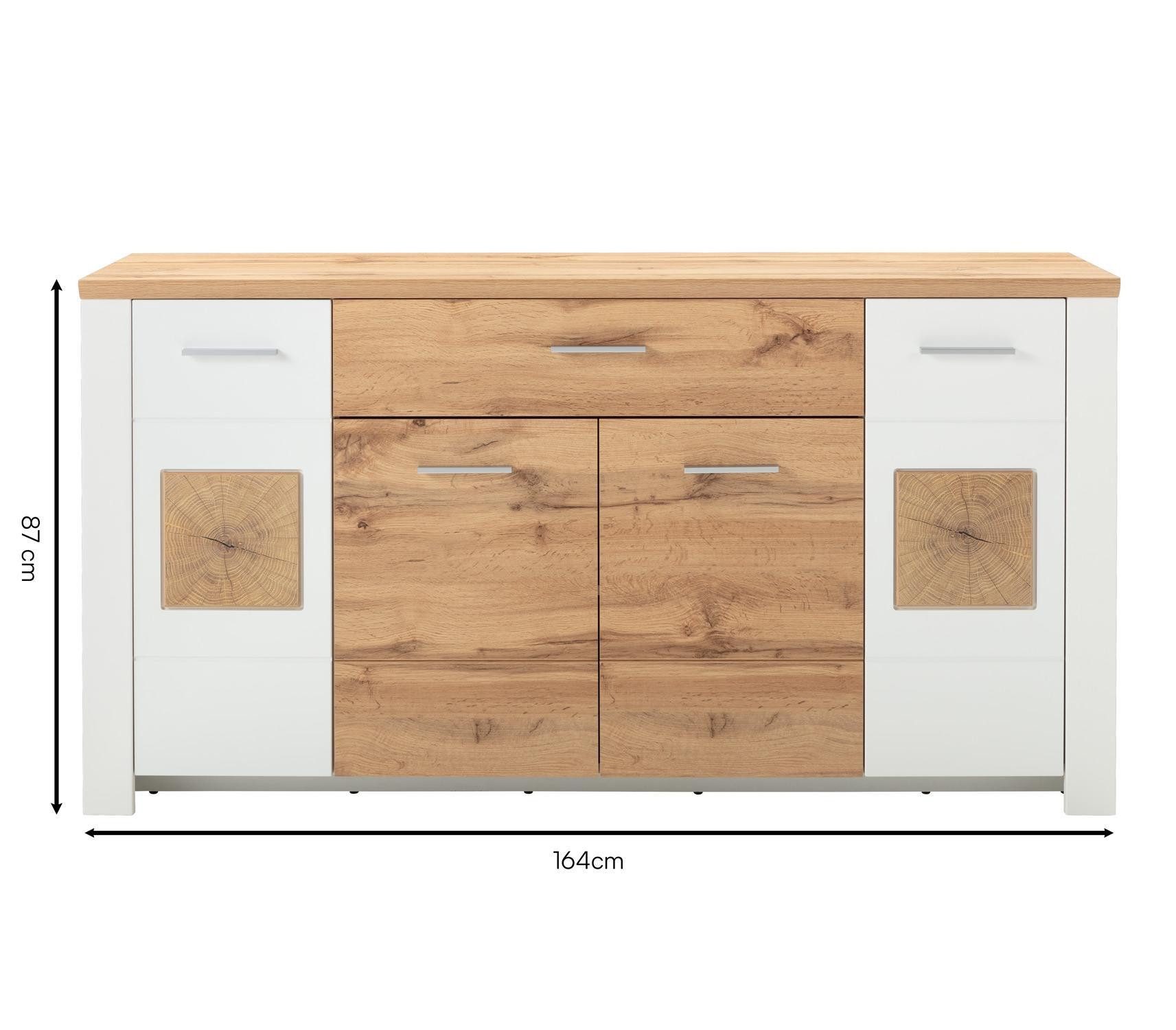 LIV'IN Sideboard MATERA, B 164 x T 46 cm, Weiß supermatt, Eiche Altholz Dekor, 4 Türen, 1 Schublade