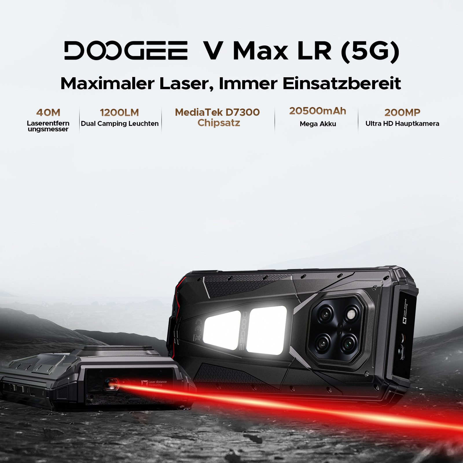 DOOGEE V Max LR 5G AI Outdoor Handy, 40m Laserdetektion, 512GB, 20500mAh/45W Smartphone (6.78 Zoll, 512 GB Speicherplatz, 200 MP Kamera, 1200LM Campinglampe, 120Hz, 200MP+32MP Kamera, NFC, WiFi6E, 3 Karten)