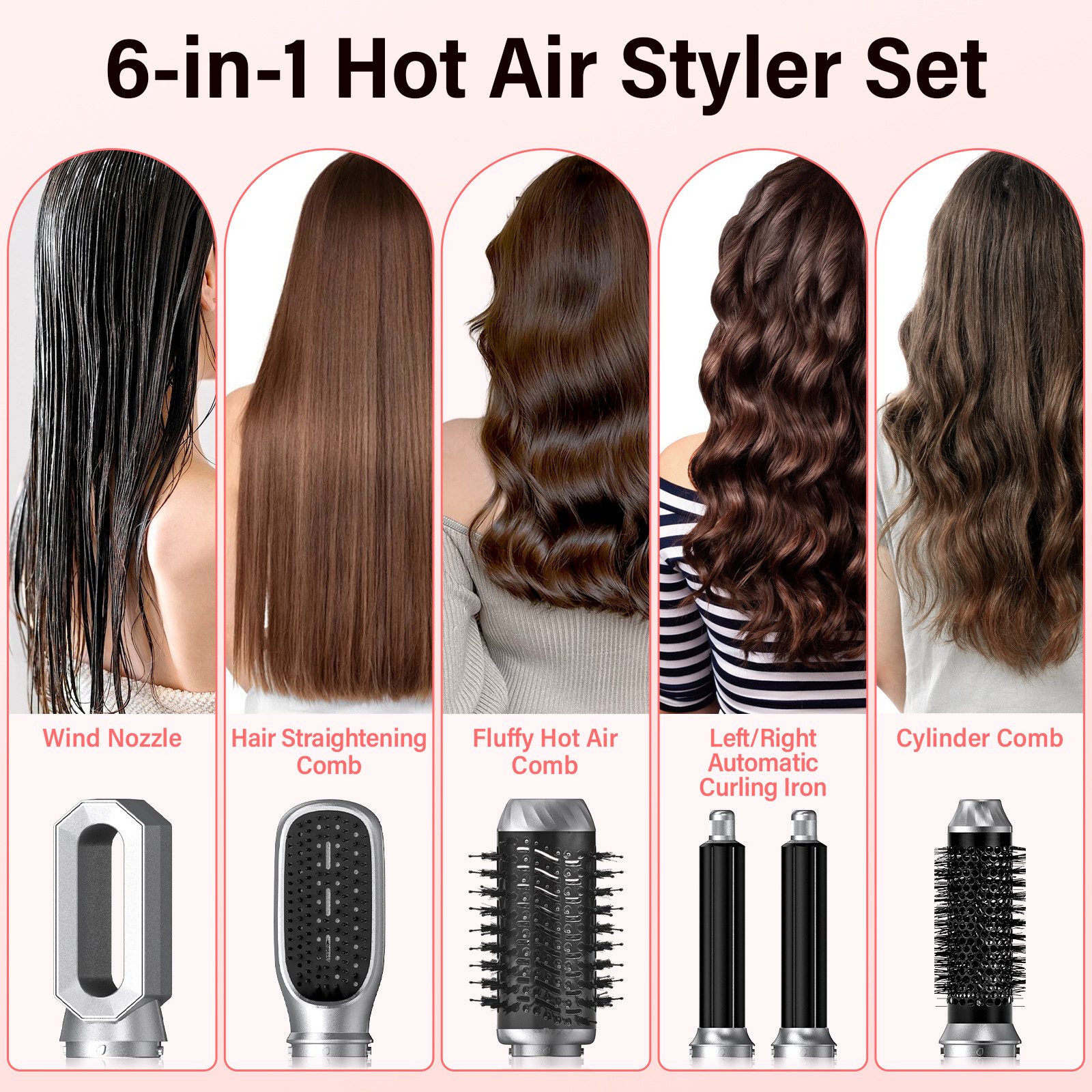AIBISTAR Multihaarstyler 6-in-1 Haarstyler & Haartrockner,Warmluftbürste Airstyler Set, 3 einstellbare Temperaturstufen,360 Grad drehbares Antitangle Kabel