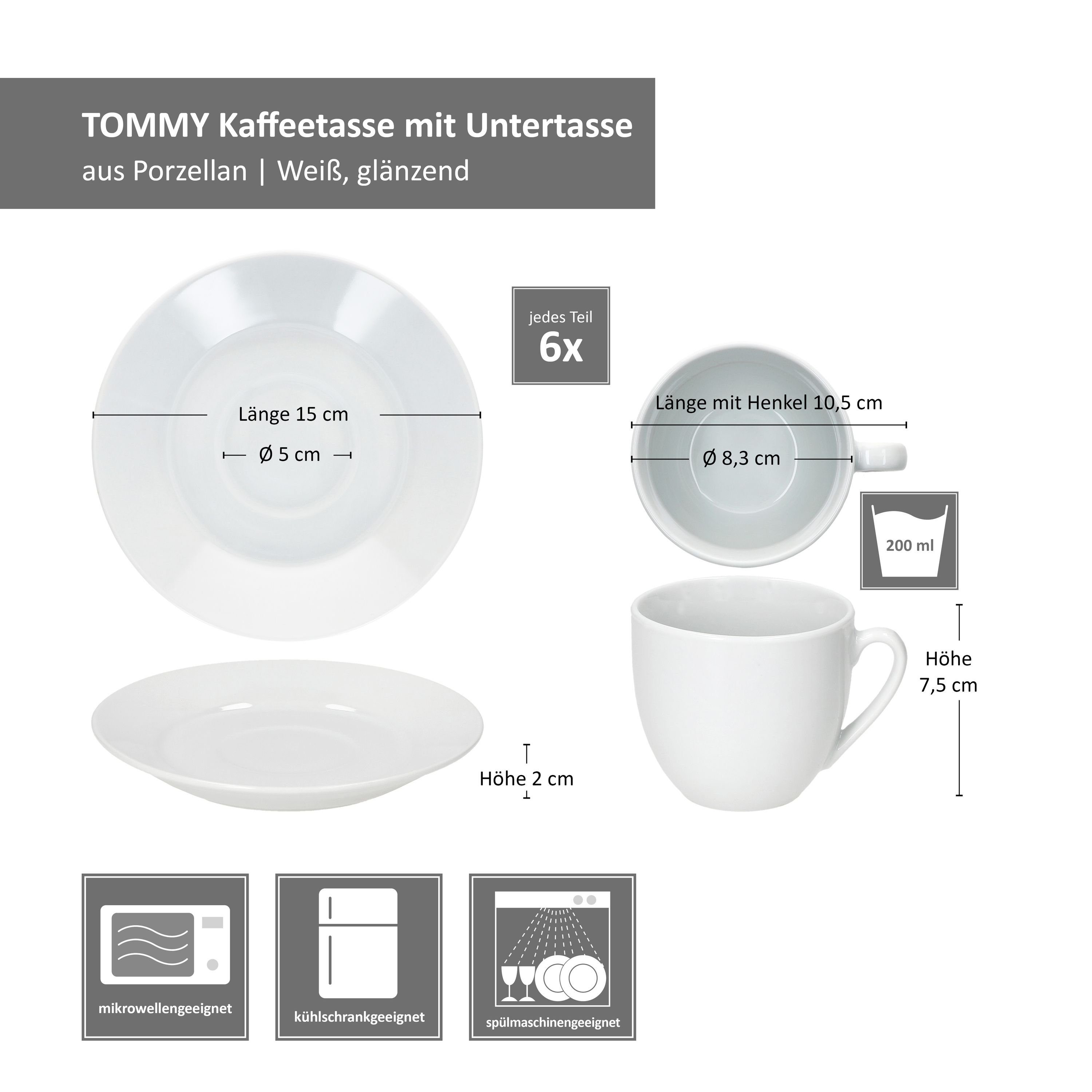 MamboCat Tasse 6er Set Tommy Kaffeetassen mit Untertassen für 6 Personen, Porzellan