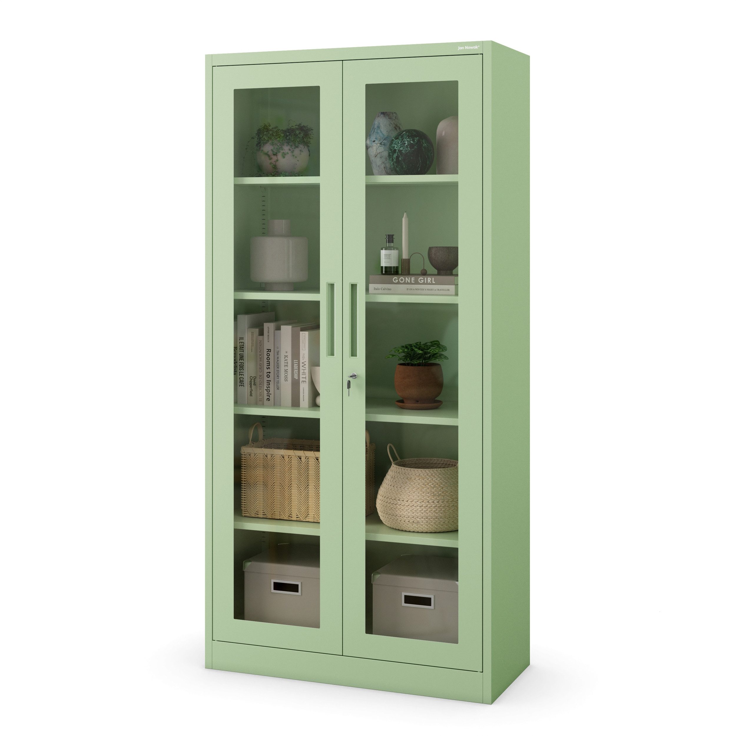 Jan Nowak Vitrine Metall Vitrinenschrank abschließbar 90 cm AMELIA Glasscheiben (Stahl 0,6 mm Wandmontage möglich PZH-zertifiziert 185 cm) Büroschrank 50 Ordner Schloss 2 Schlüssel 4 Böden 6 Farben