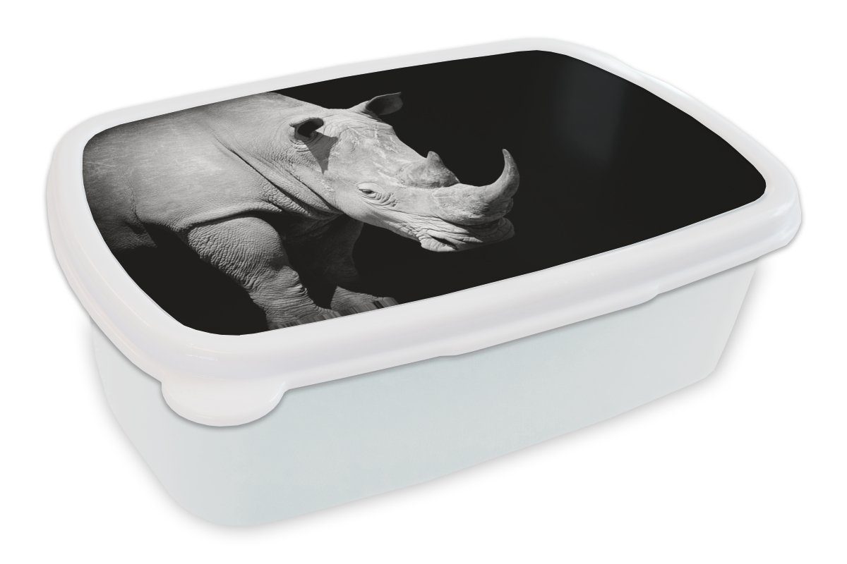 MuchoWow Lunchbox Rhinozeros - Tier - Porträt, Kunststoff, (2-tlg), Brotbox für Kinder und Erwachsene, Brotdose, für Jungs und Mädchen weiß