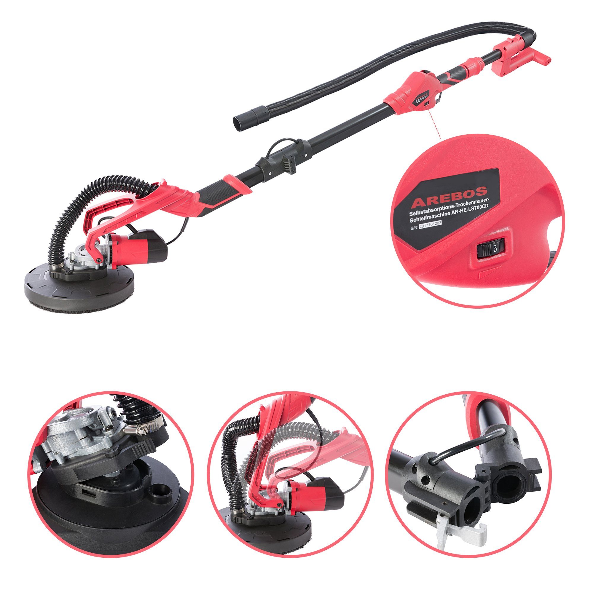 Arebos Deckenschleifer Langhalsschleifer – Decken- & Wandschleifer für Trockenbau, 2100,00 m/min, (Transportbox), 710 W