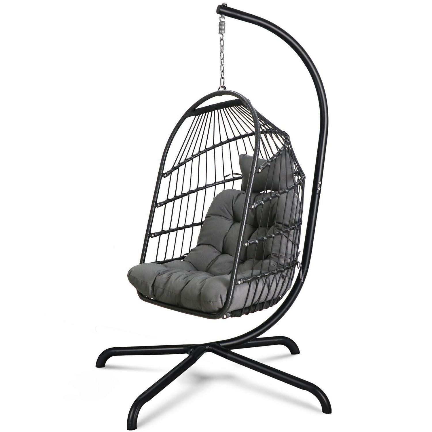 LuxusKollektion Hängesessel Hängesessel Rattan Korbgeflecht Kissen faltbar Schwarz stuhl ständer