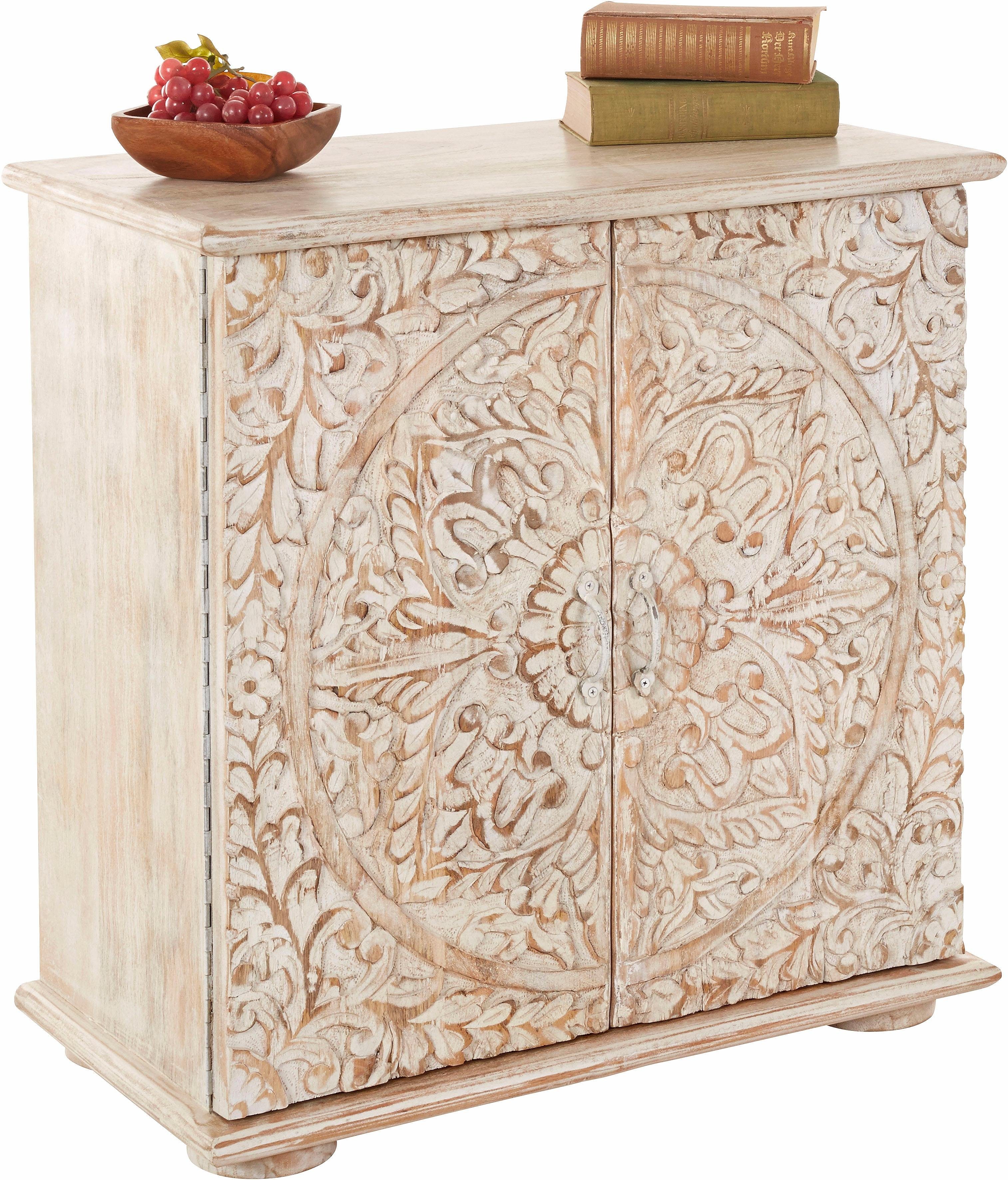 OTTO home Kommode Sideboard mit 2 Türen, Breite/Höhe: 75/75 cm, Fronten mit individuellen Schnitzereien