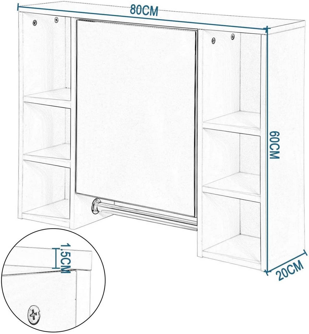 EUGAD Spiegelschrank (1-St) mit Tür Weiß 8 Wandschrank Ablagen 80x20x60cm mit