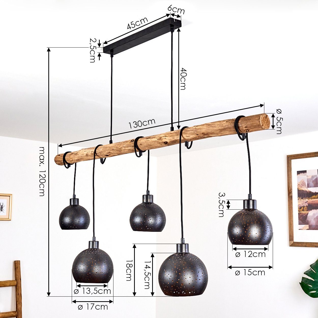 hofstein Pendelleuchte »Nave« 5-flammige Deckenlampe aus Metall in schwarz und kupferfarben, ohne Leuchtmittel, Vintage Look Pendellampe mit Holz in Natur, 5xE2 – Bild 5 von 5