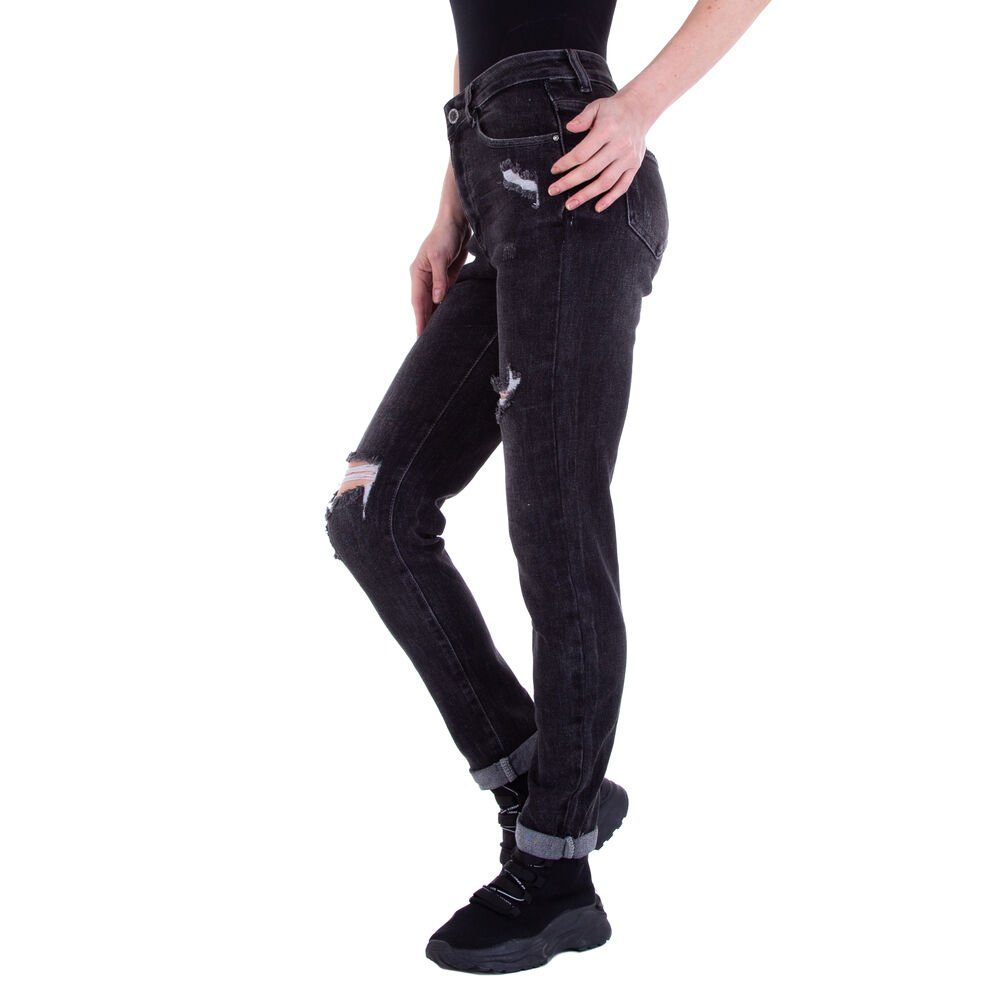 Ital-Design Schwarz Freizeit Straight Jeans Destroyed-Look Damen in Leg Straight-Jeans Stretch