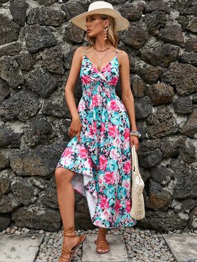 BlauWave Druckkleid Bedrucktes Kleid mit V-Ausschnitt und Taille (Bequem und langlebig, 1-tlg., Für den Alltag unterwegs) Sommer Frauen ärmelloses langes Kleid