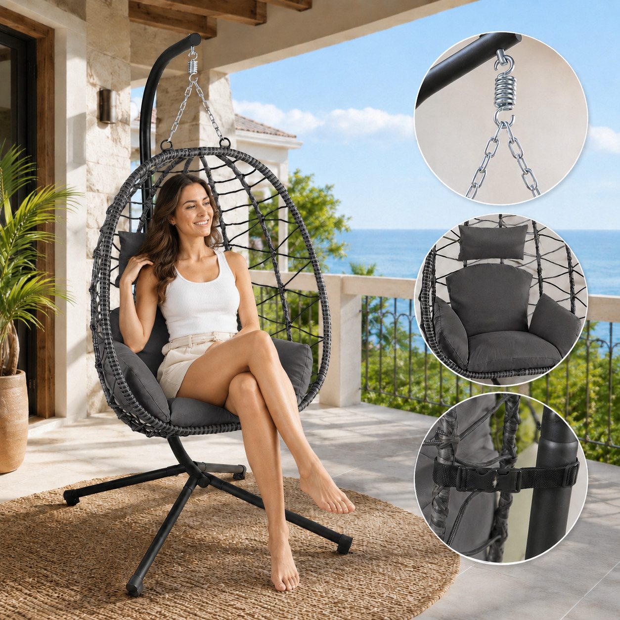 Loungesessel Hängesessel mit Gestell Polyrattan Höhenverstellbar - 150 kg - Grau