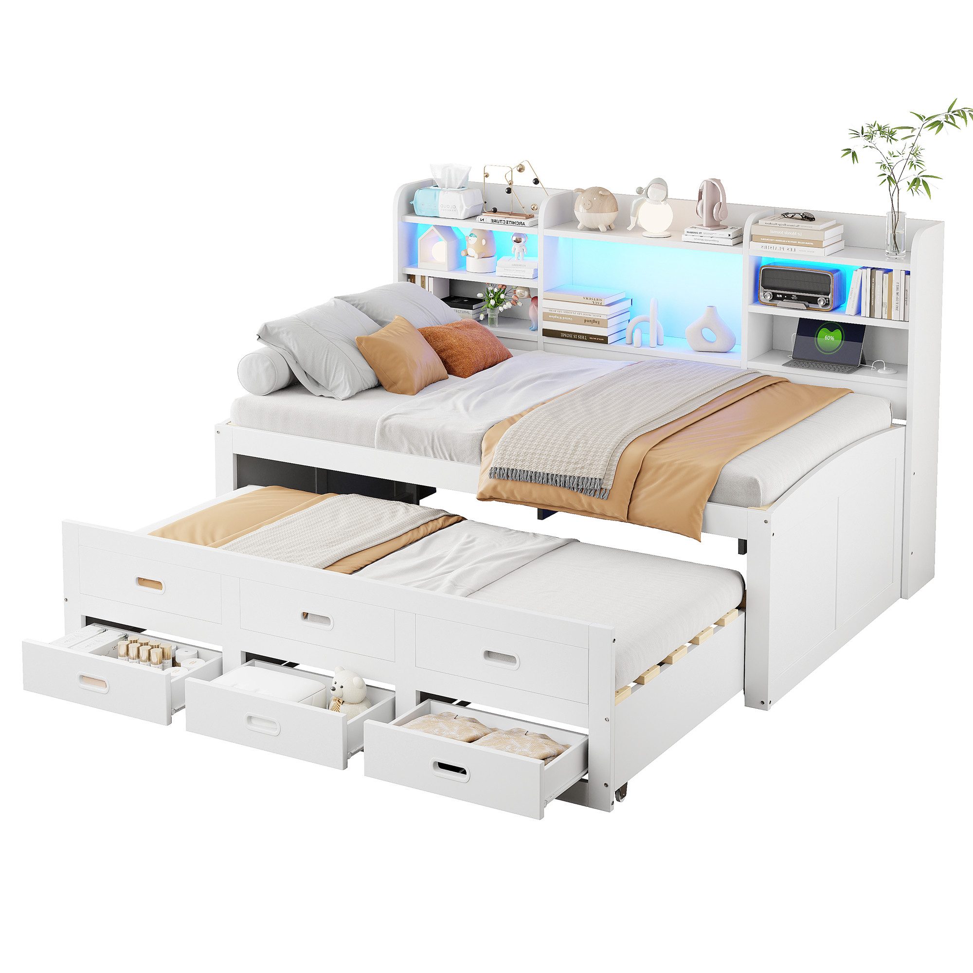 Merax Daybett mit Ausziehbett 90x190cm, Tagesbett mit LED-beleuchtung & USB (1 tlg), Holz Schlafsofa mit 3 Schubladen und Ablagefach, 90x200cm