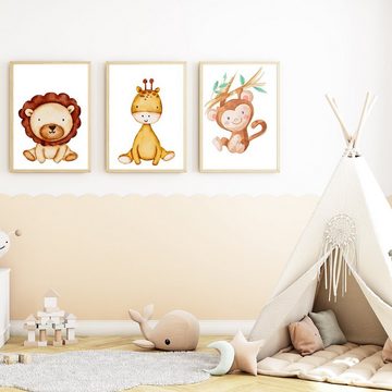 Tigerlino Poster Safari Affe Löwe Giraffe Bilder 3er Set Kinderzimmer Wandbilder