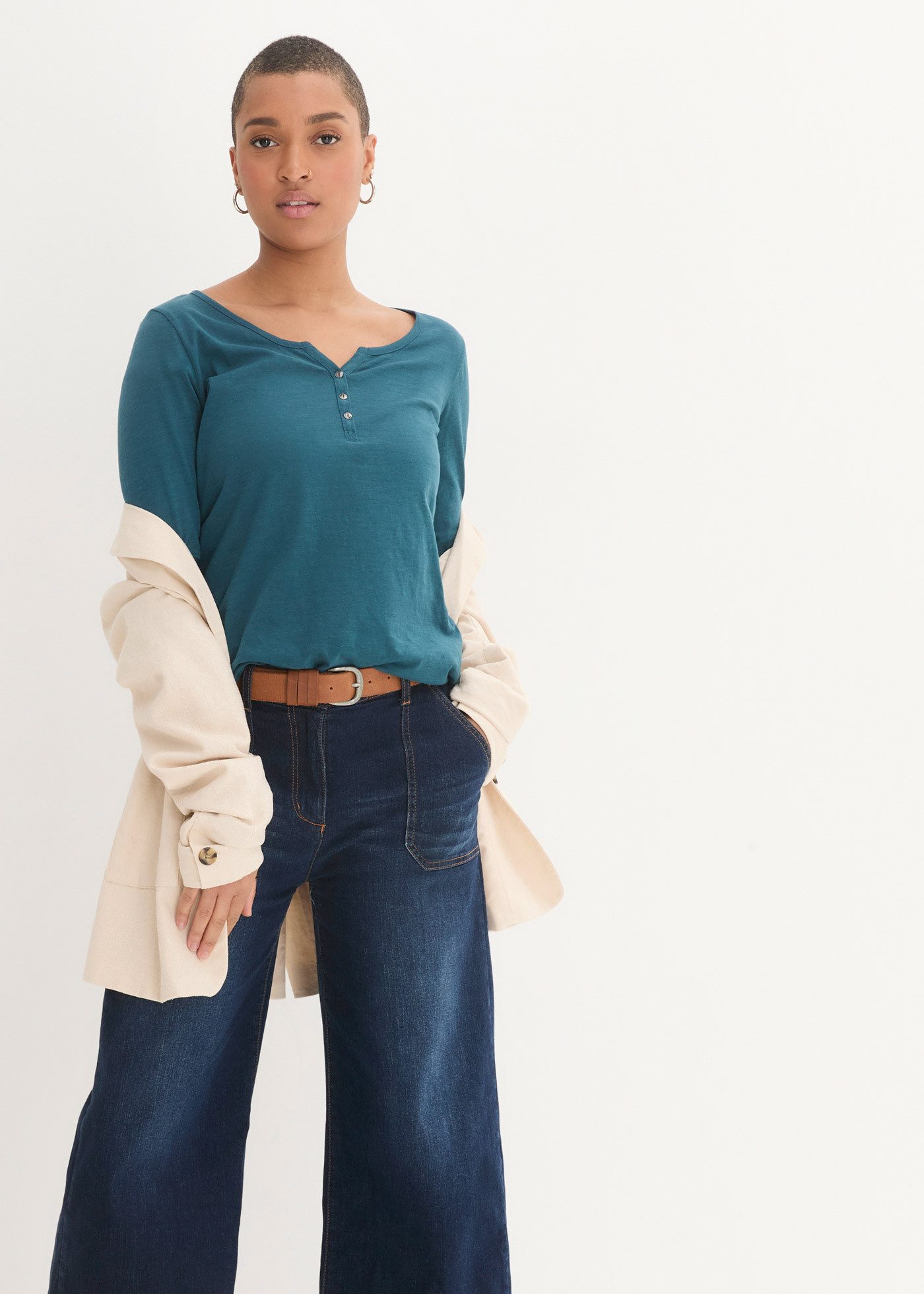 bonprix Langarmshirt (1-tlg) gerade Passform, verstellbare Ärmel, mit V-Aus günstig online kaufen