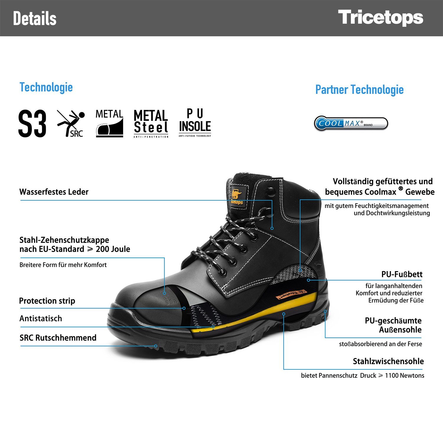 Tricetops TS758H Sicherheitsschuhe S3 Arbeitsschuhe Herren Sicherheitsschuh