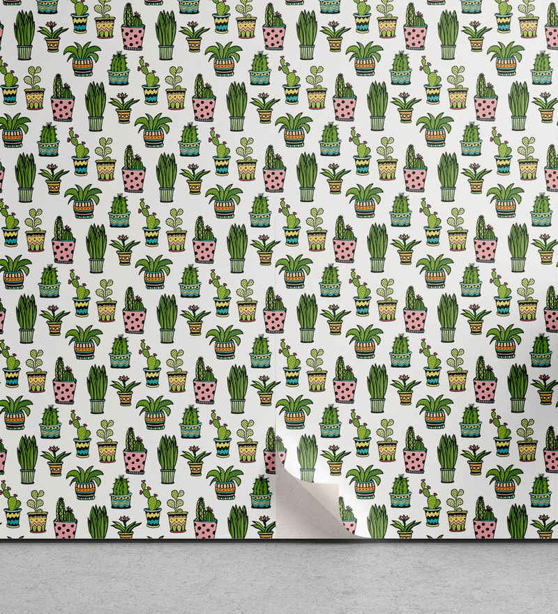 Abakuhaus Vinyltapete selbstklebendes Wohnzimmer Küchenakzent, Kaktus Saftige Doodle Töpfe