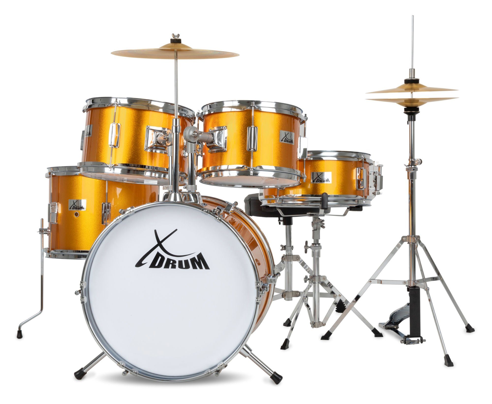 XDrum Kinderschlagzeug Junior Pro,Komplettes Drumset, Inkl. Drumsticks, Fußmaschine & Schlagzeughocker, Kesselgrößen: Bass Drum 16", Snare Drum 12", Zwei Tomtoms 10" & 11"