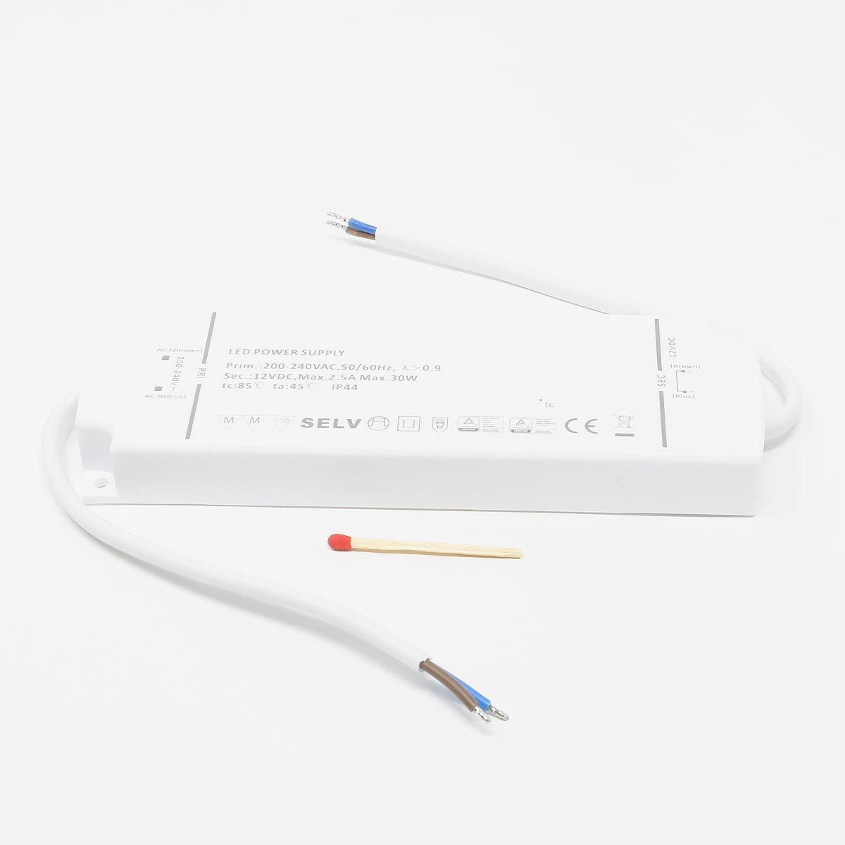 Designlight LED Trafo SLIM IP44, 12V DC 30W, 2x 15cm Kabel LED Trafo